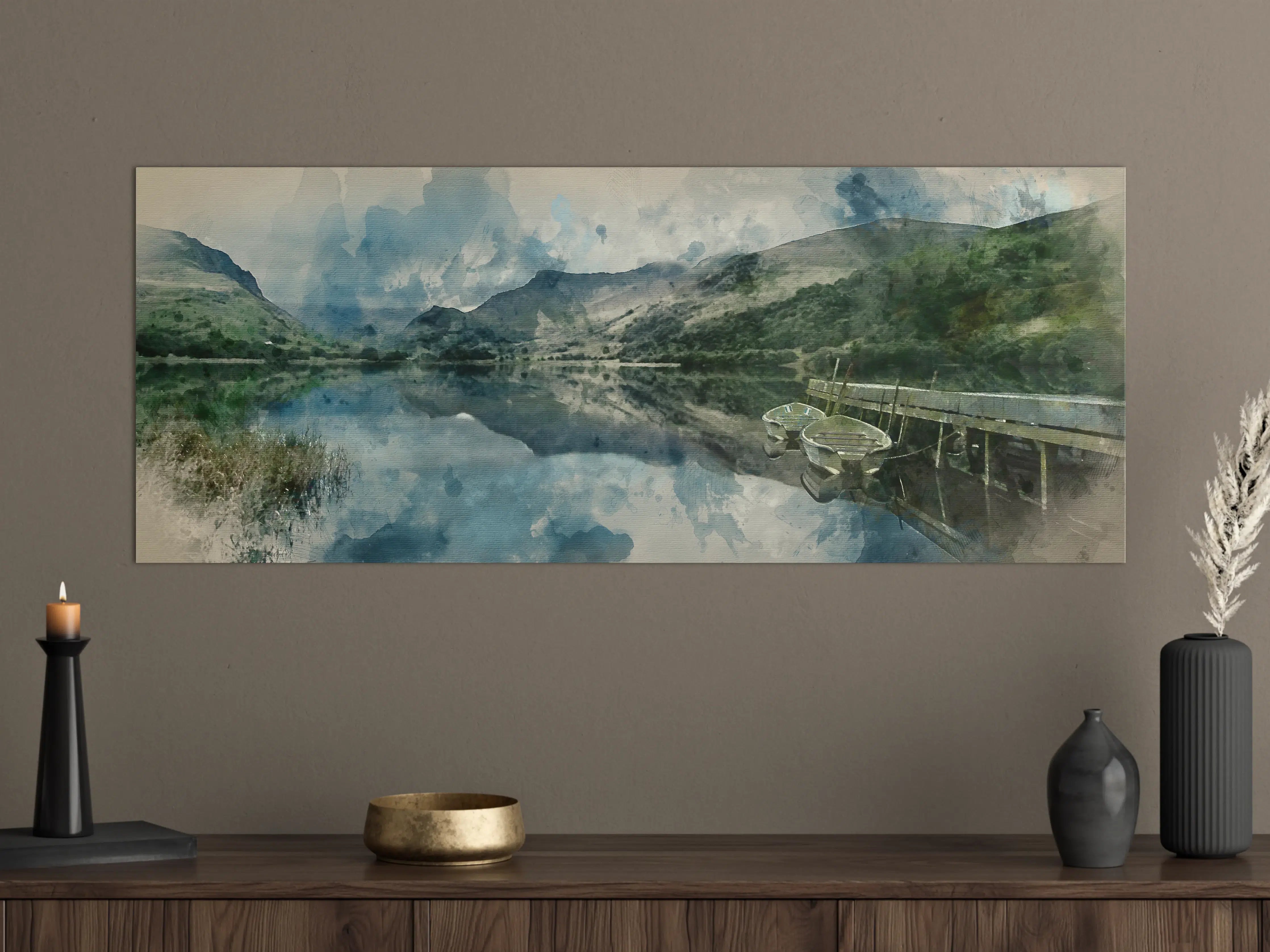 Große Wandbilder - Malereiaquarell eines ruhigen Sees mit Booten