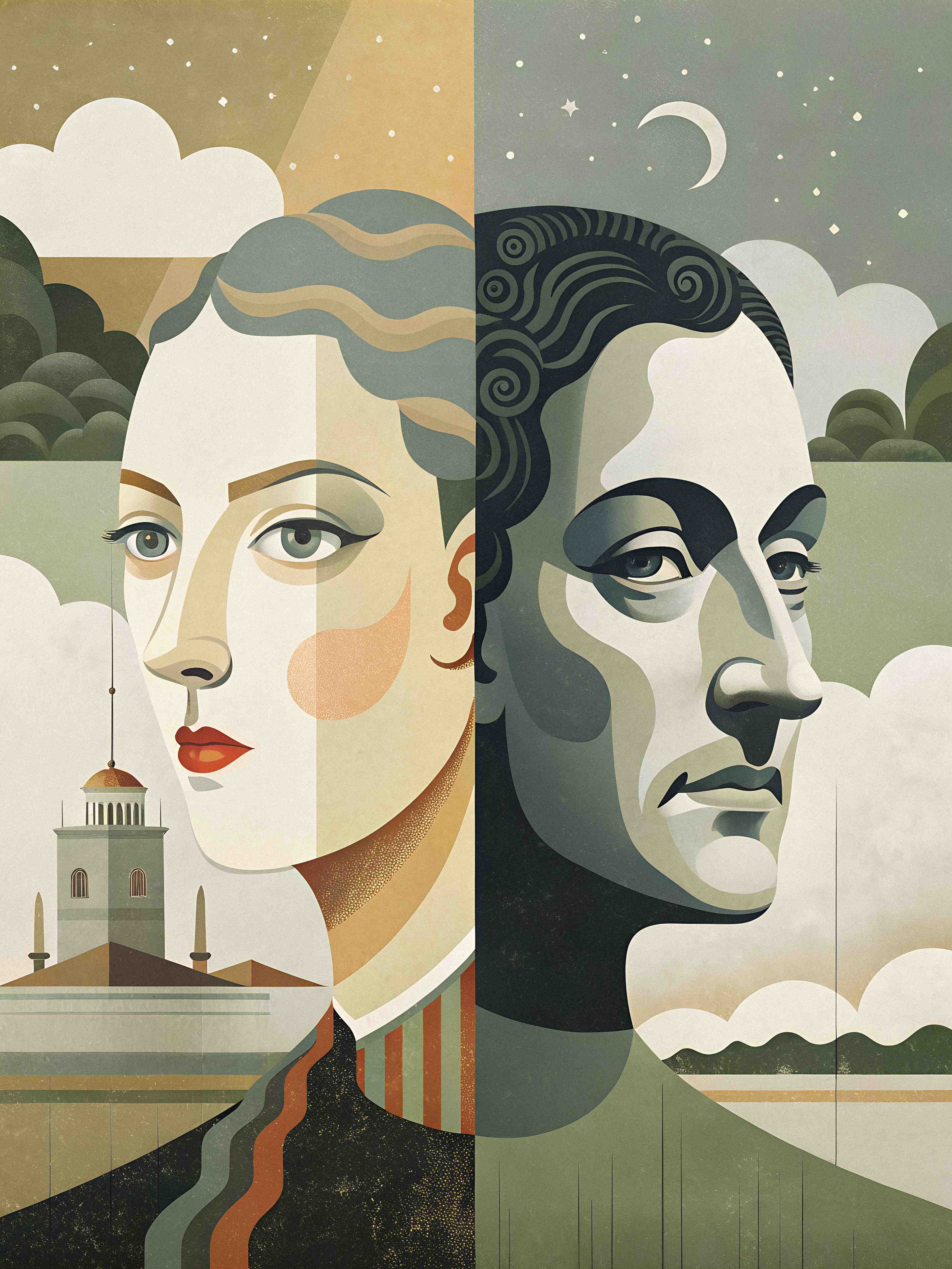 Große Wandbilder-Malerische Doppelporträt-Kunst mit mystischem Himmelshintergrund