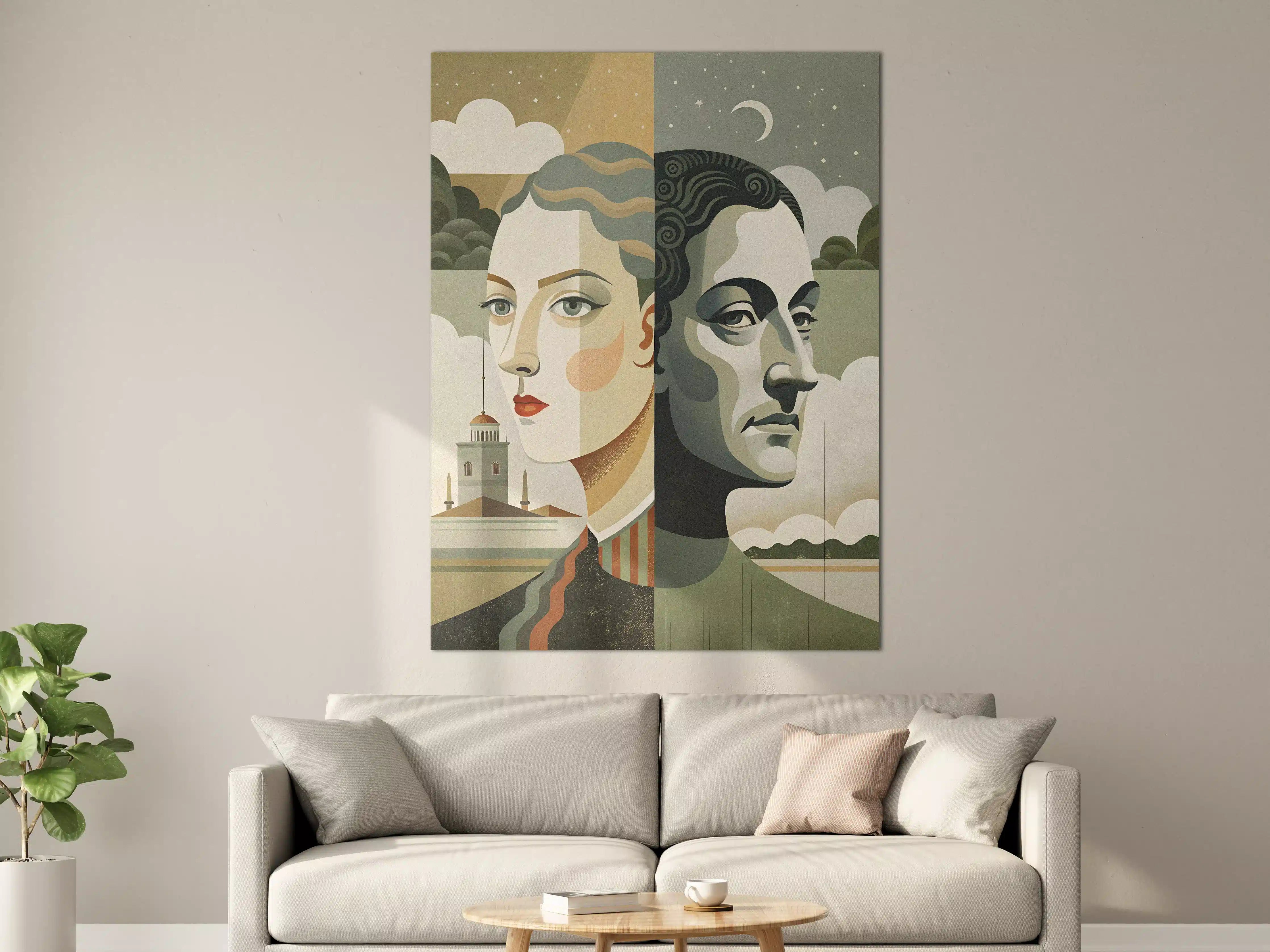 Große Wandbilder - Malerische Doppelporträt-Kunst mit mystischem Himmelshintergrund