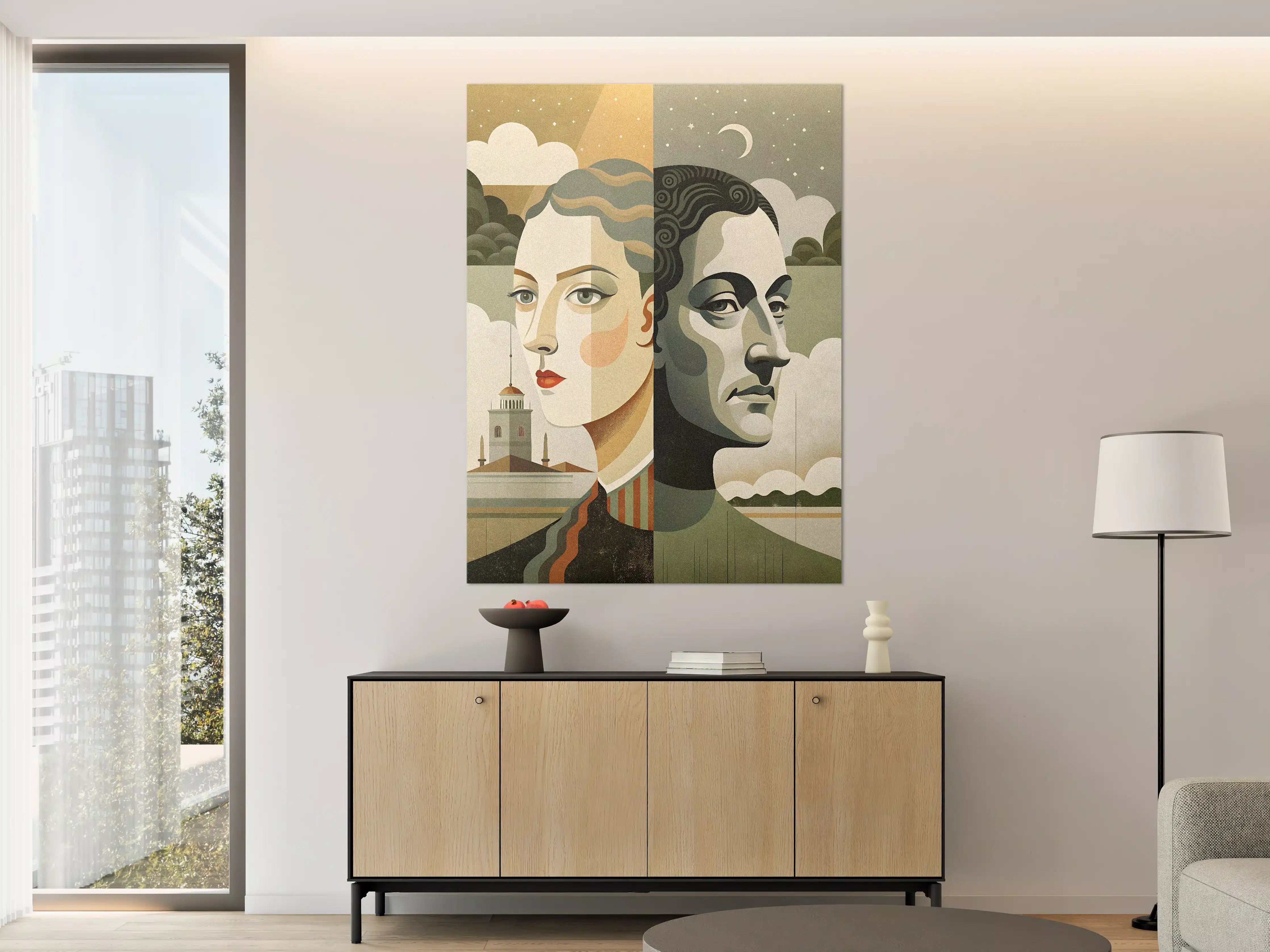 Große Wandbilder - Malerische Doppelporträt-Kunst mit mystischem Himmelshintergrund