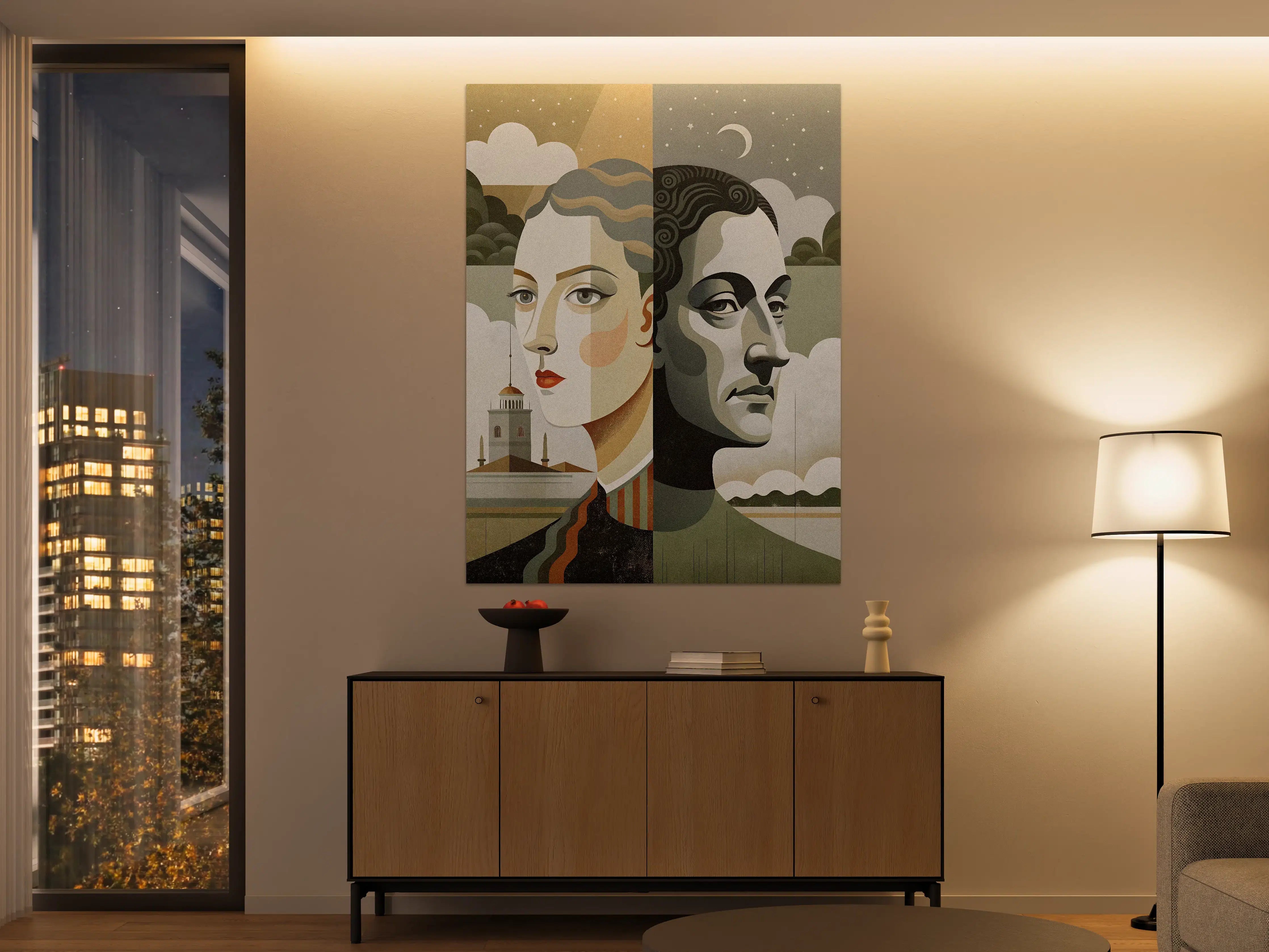 Große Wandbilder - Malerische Doppelporträt-Kunst mit mystischem Himmelshintergrund