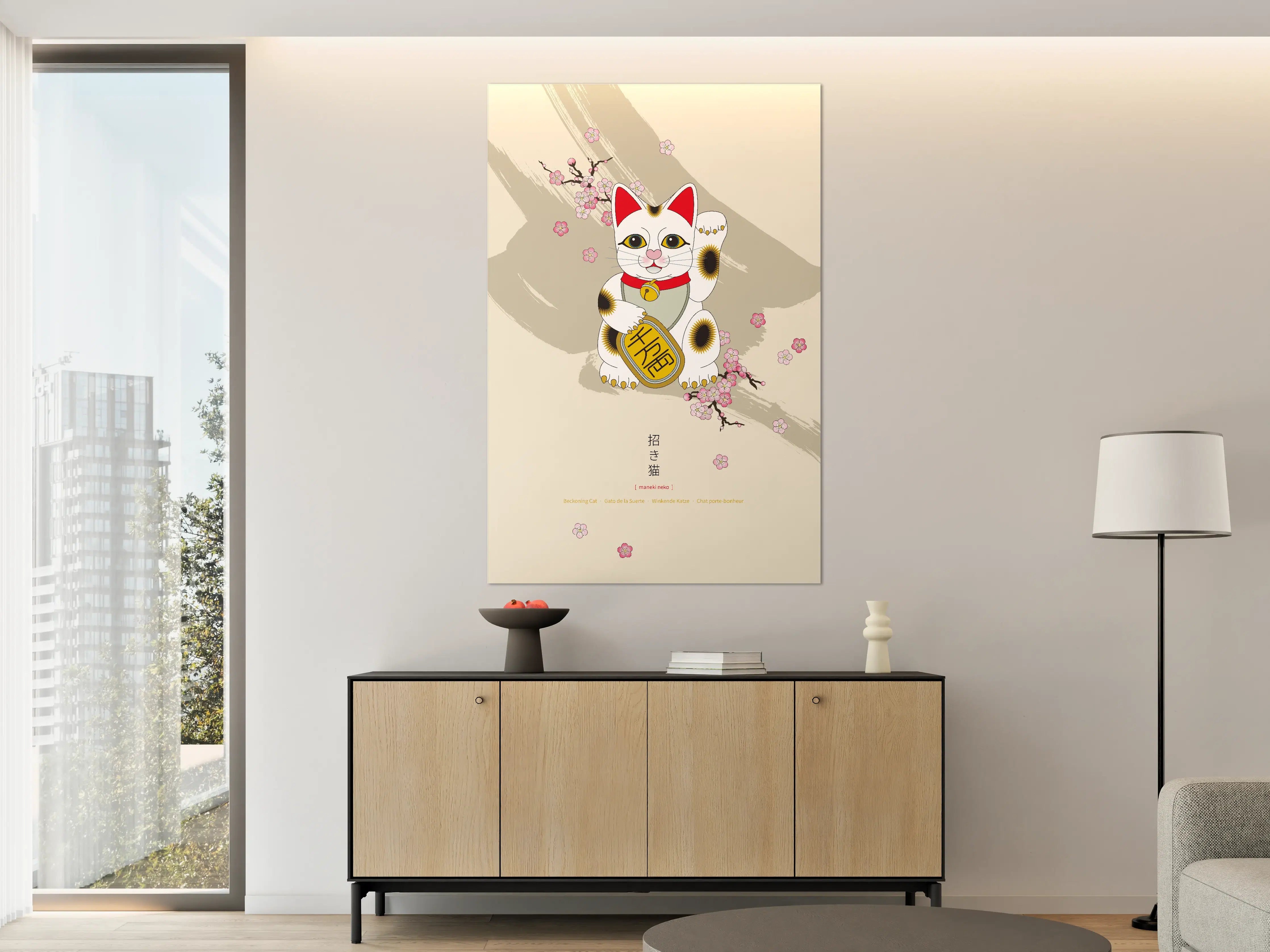 Große Wandbilder - Maneki Neko, Glückskatze mit Glocke und Münze