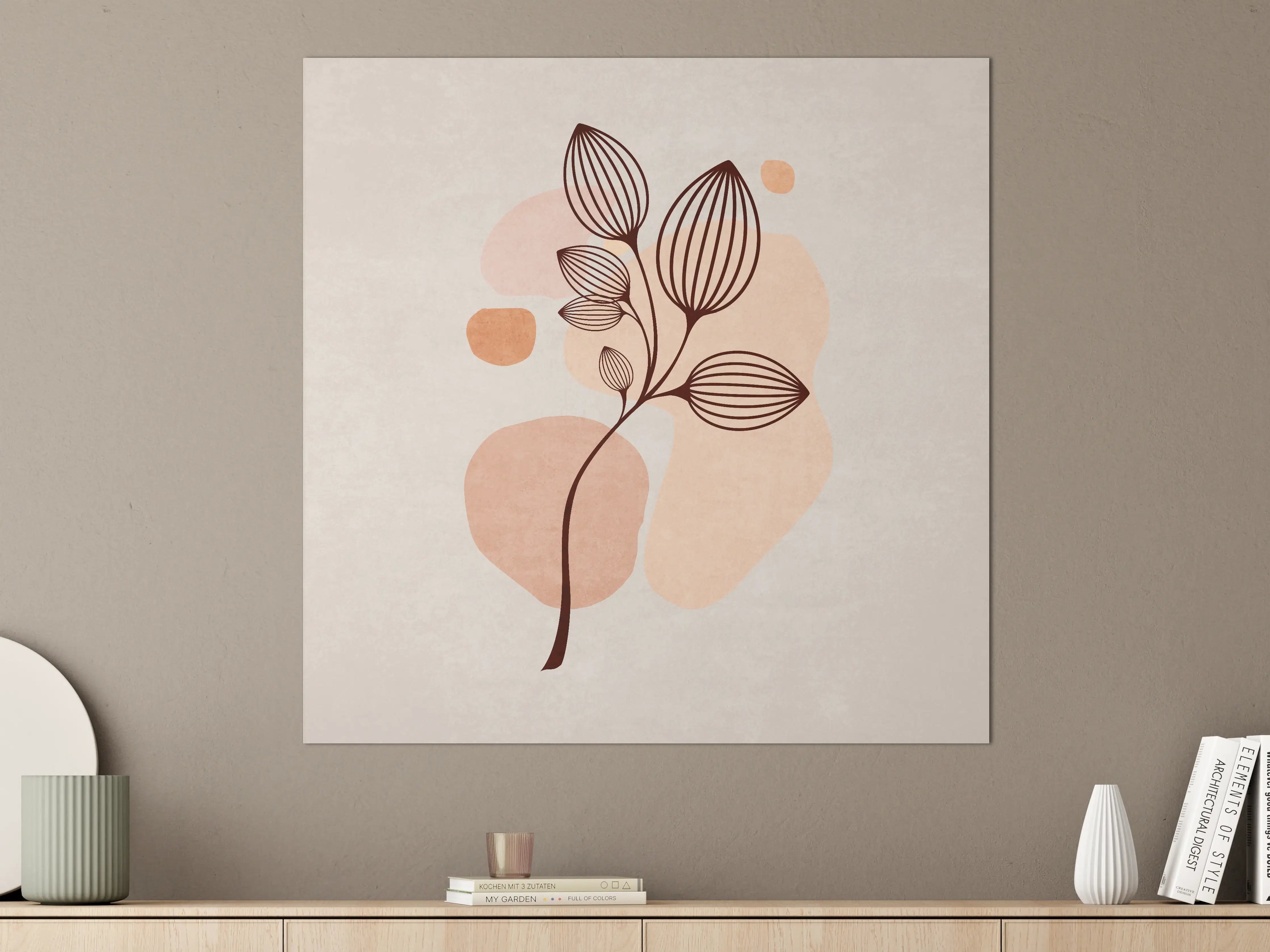 Große Wandbilder - Minimalistische Blumenillustration in Braun auf Beigeton