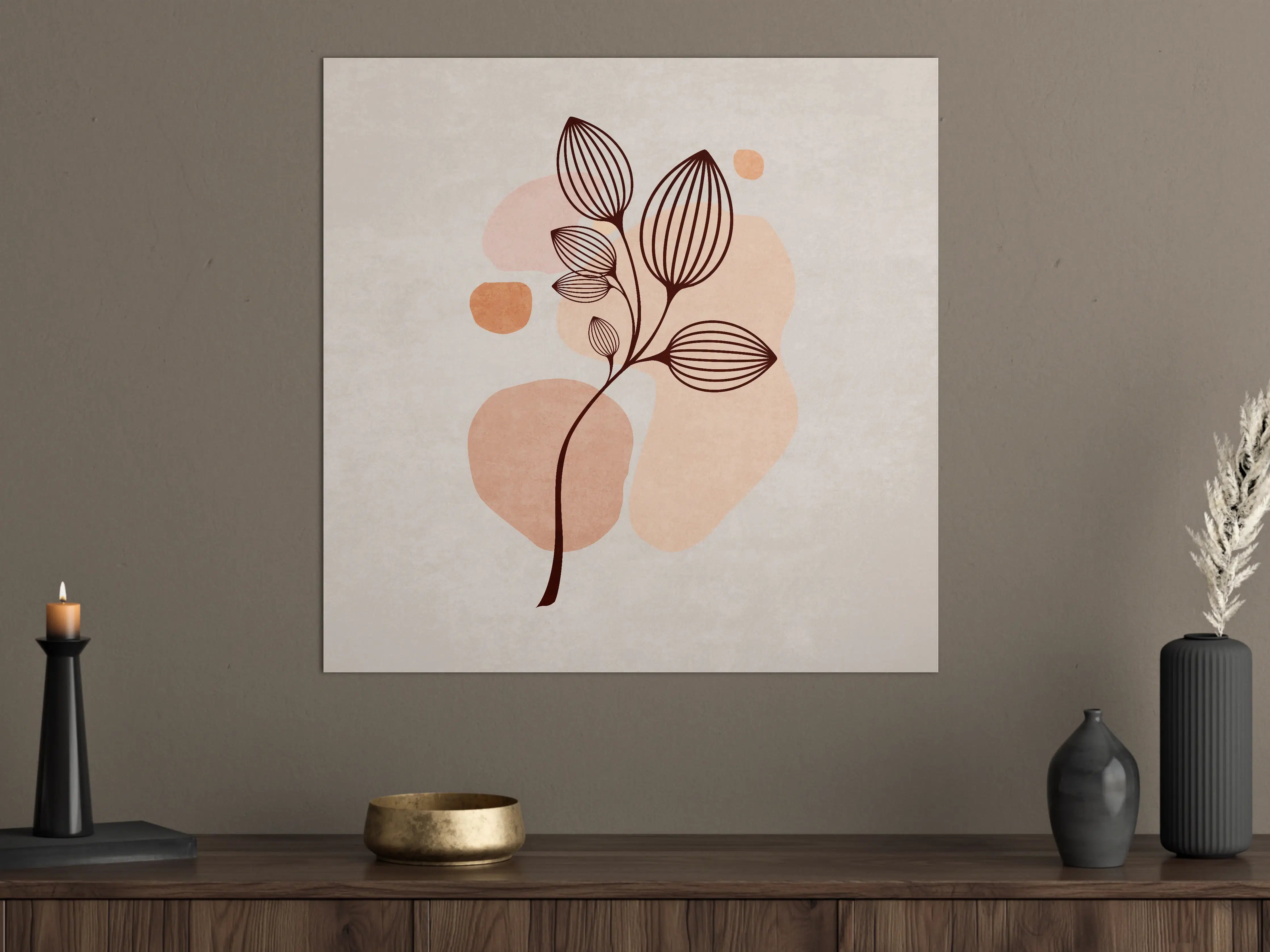 Große Wandbilder - Minimalistische Blumenillustration in Braun auf Beigeton