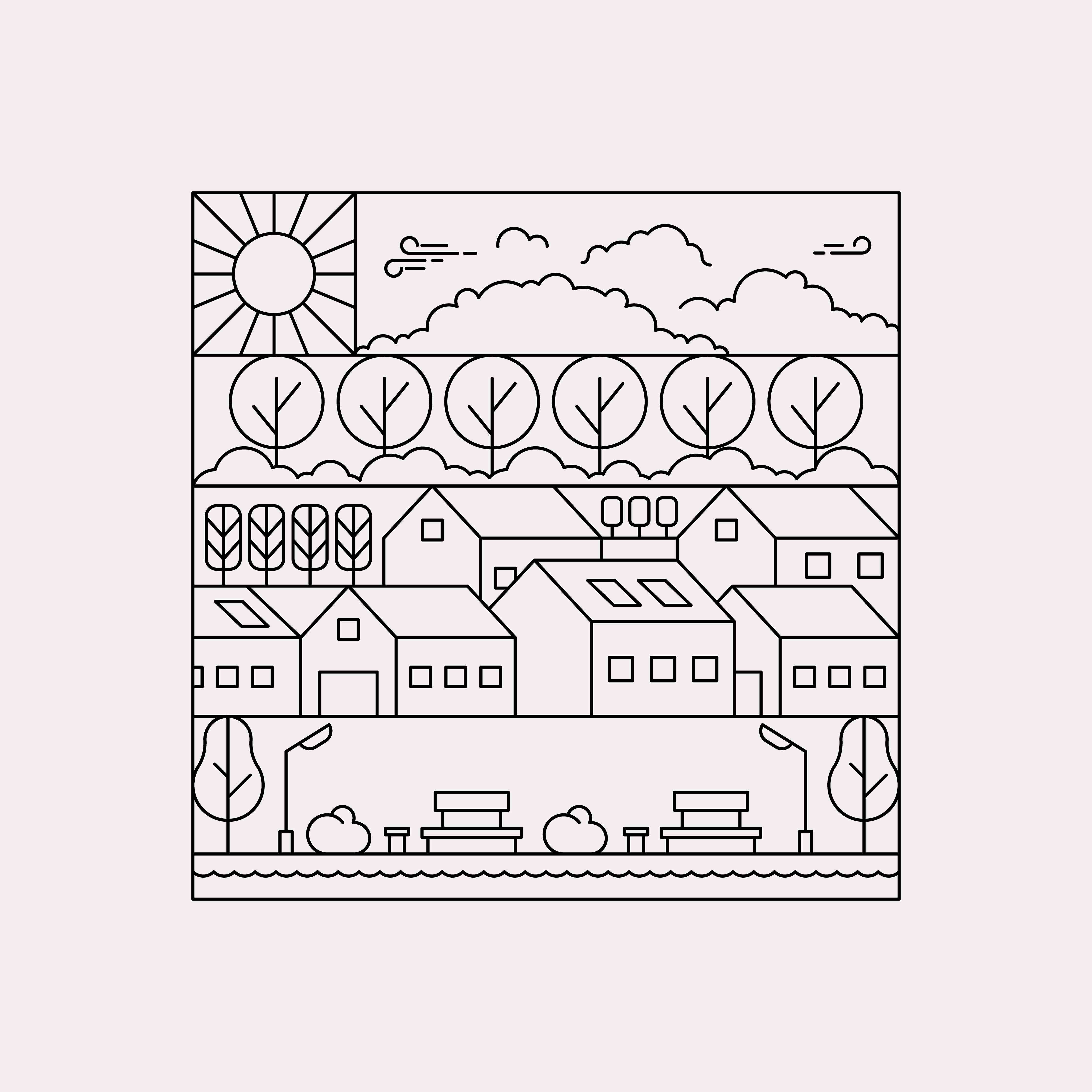 Große Wandbilder-Minimalistische Landschaft mit Häusern und Bäumen