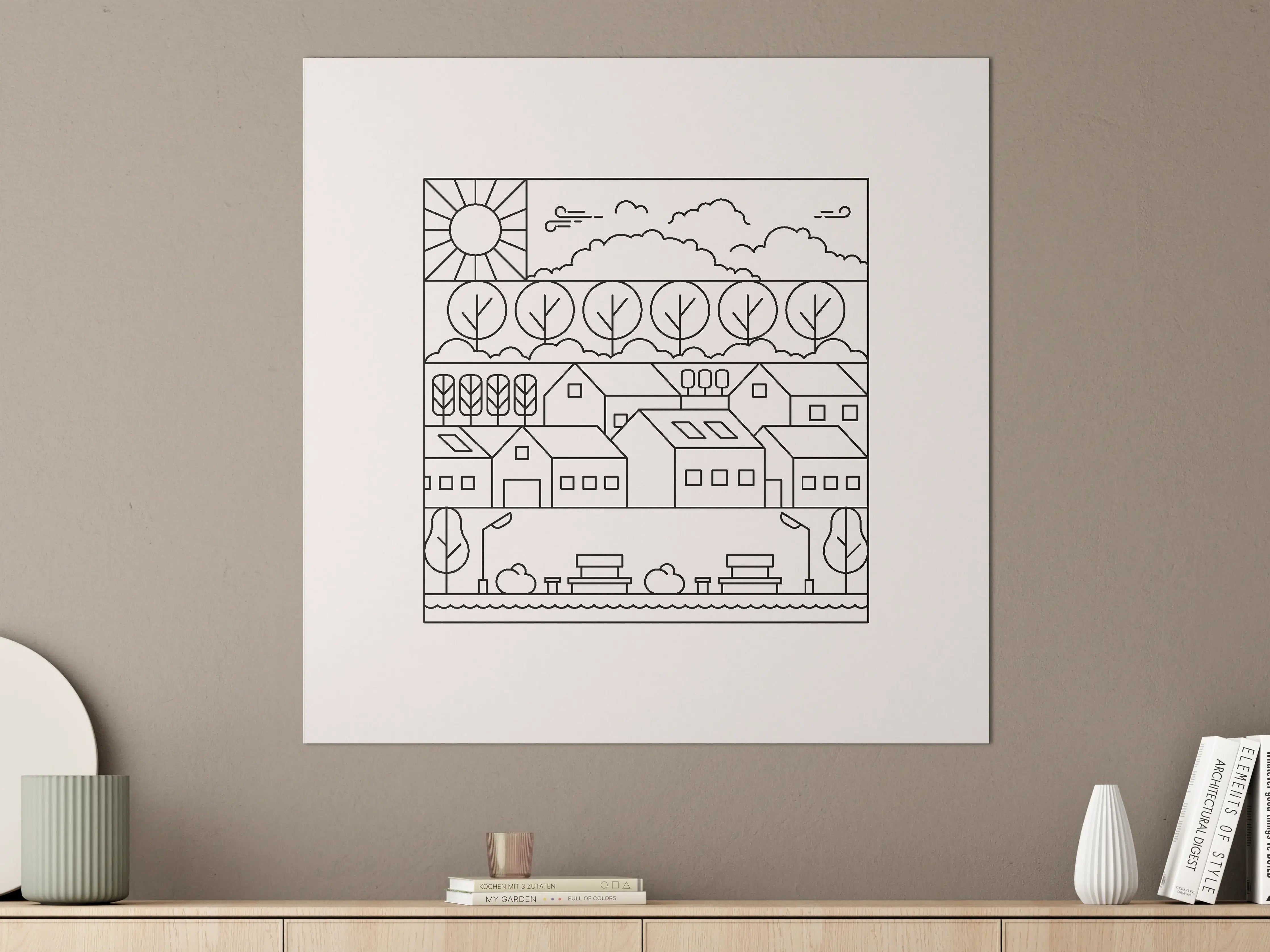 Große Wandbilder - Minimalistische Landschaft mit Häusern und Bäumen