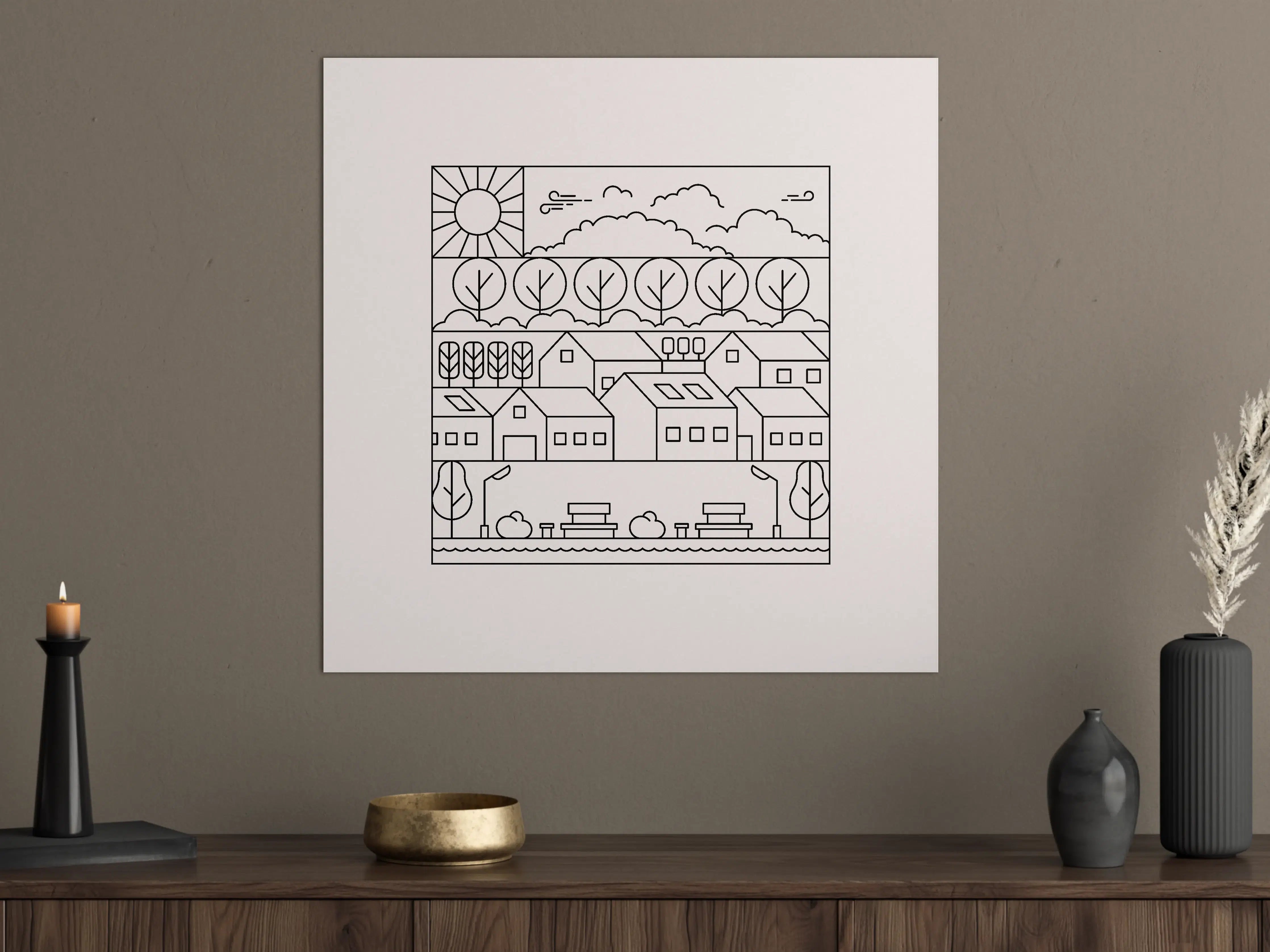 Große Wandbilder - Minimalistische Landschaft mit Häusern und Bäumen