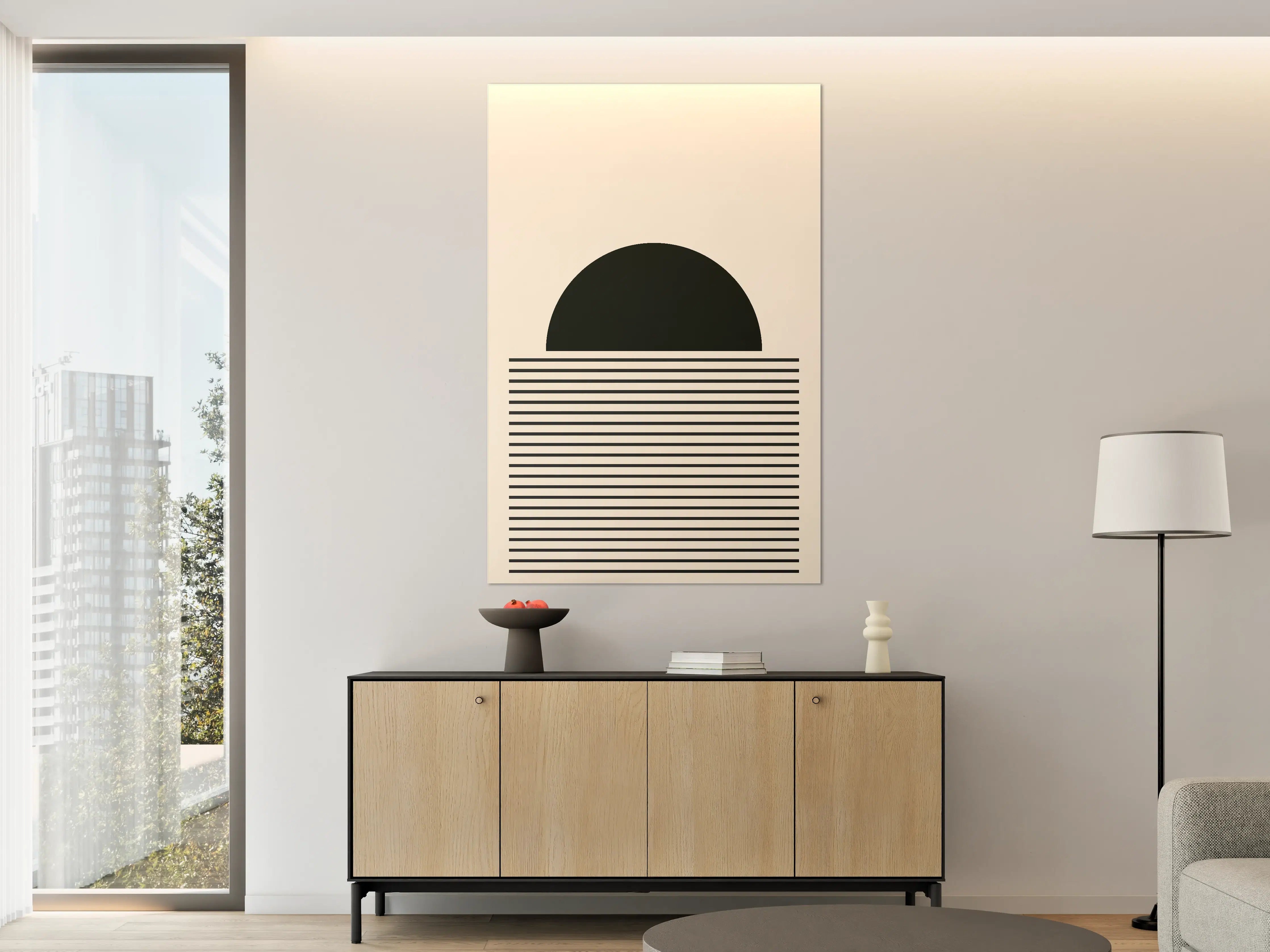 Große Wandbilder - Minimalistische Sonnenuntergangs-Silhouette in Schwarz und Beige
