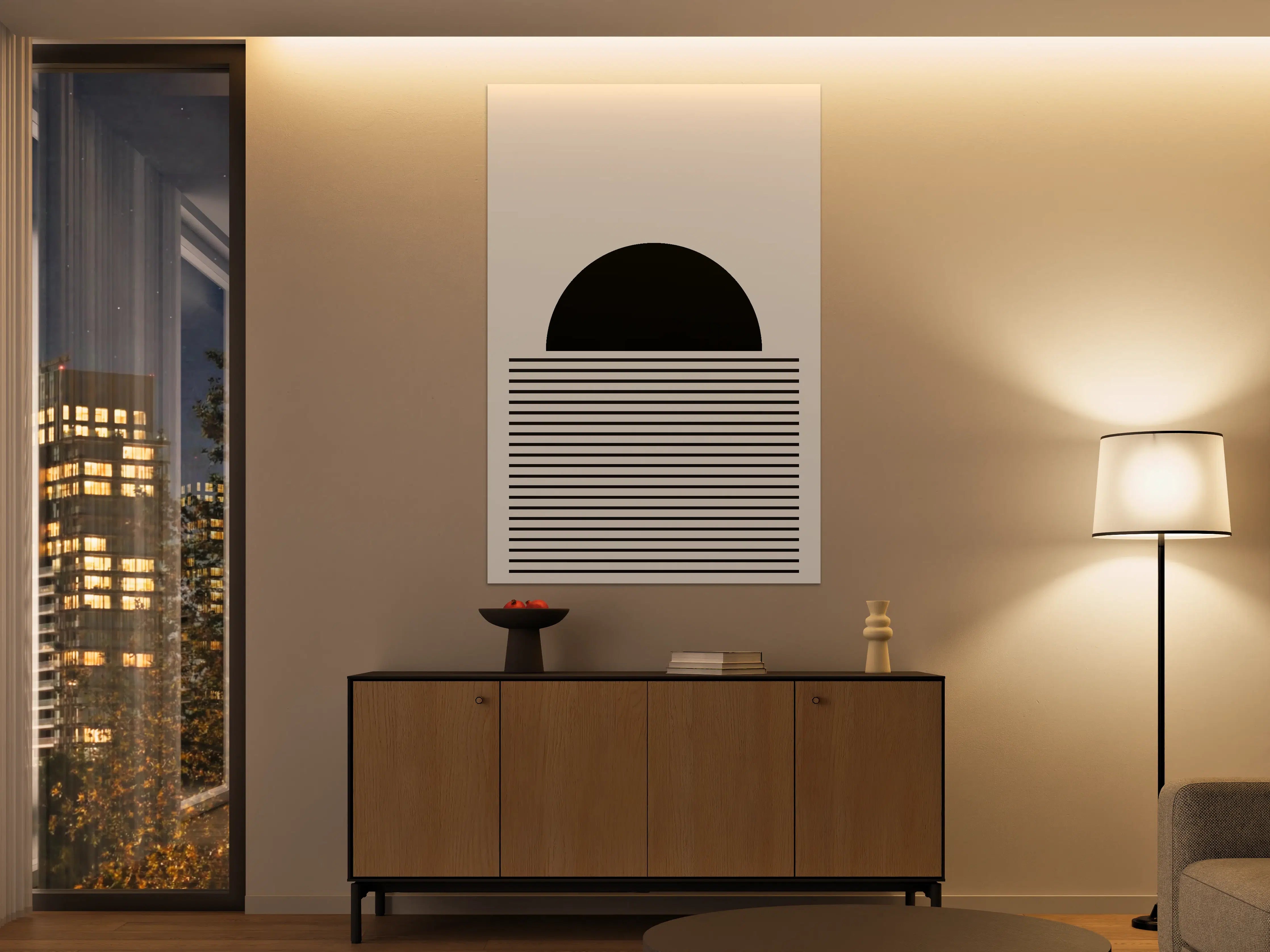 Große Wandbilder - Minimalistische Sonnenuntergangs-Silhouette in Schwarz und Beige