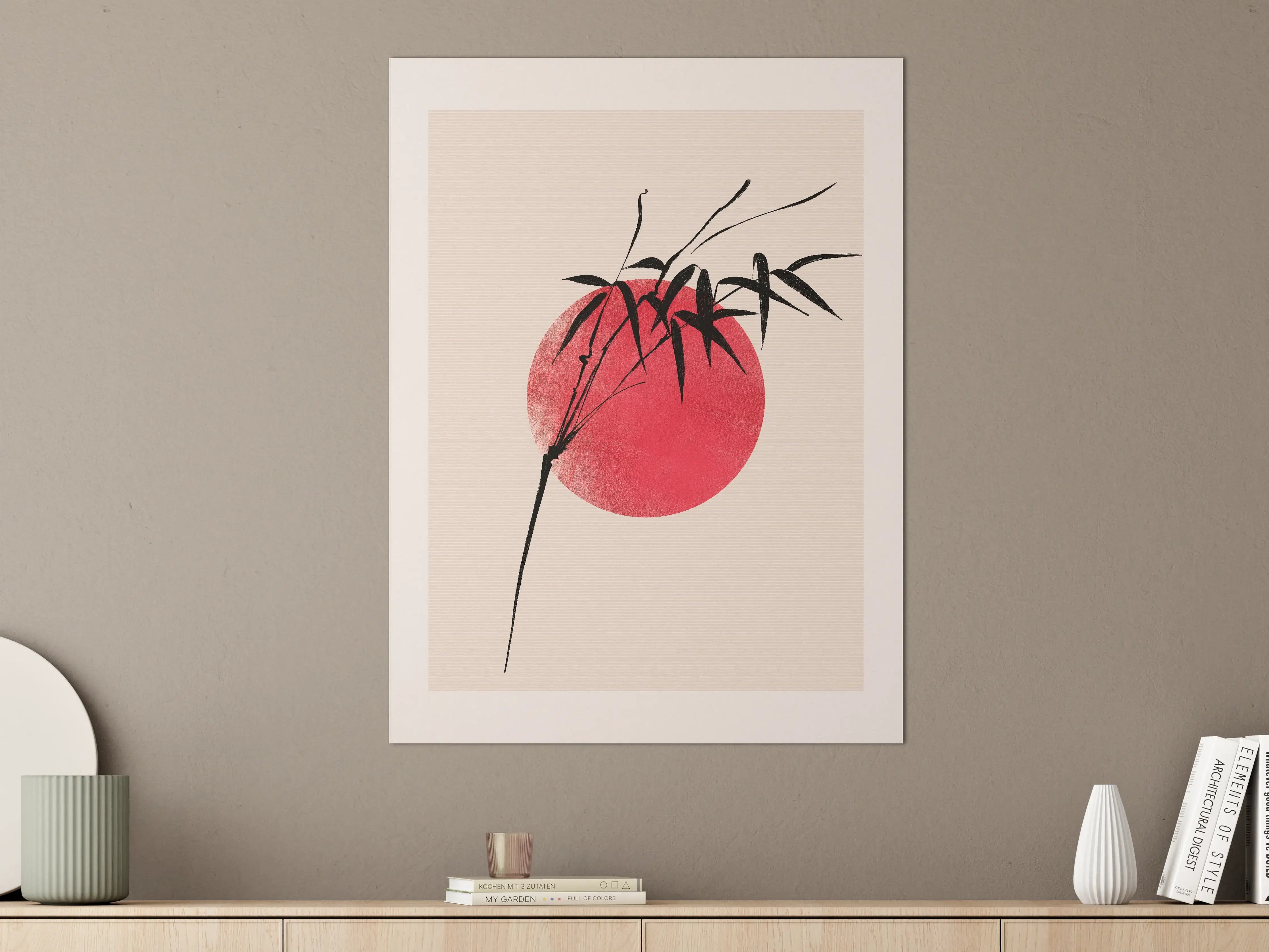 Große Wandbilder - Minimalistisches Bambusmotiv mit rotem Sonnenuntergang