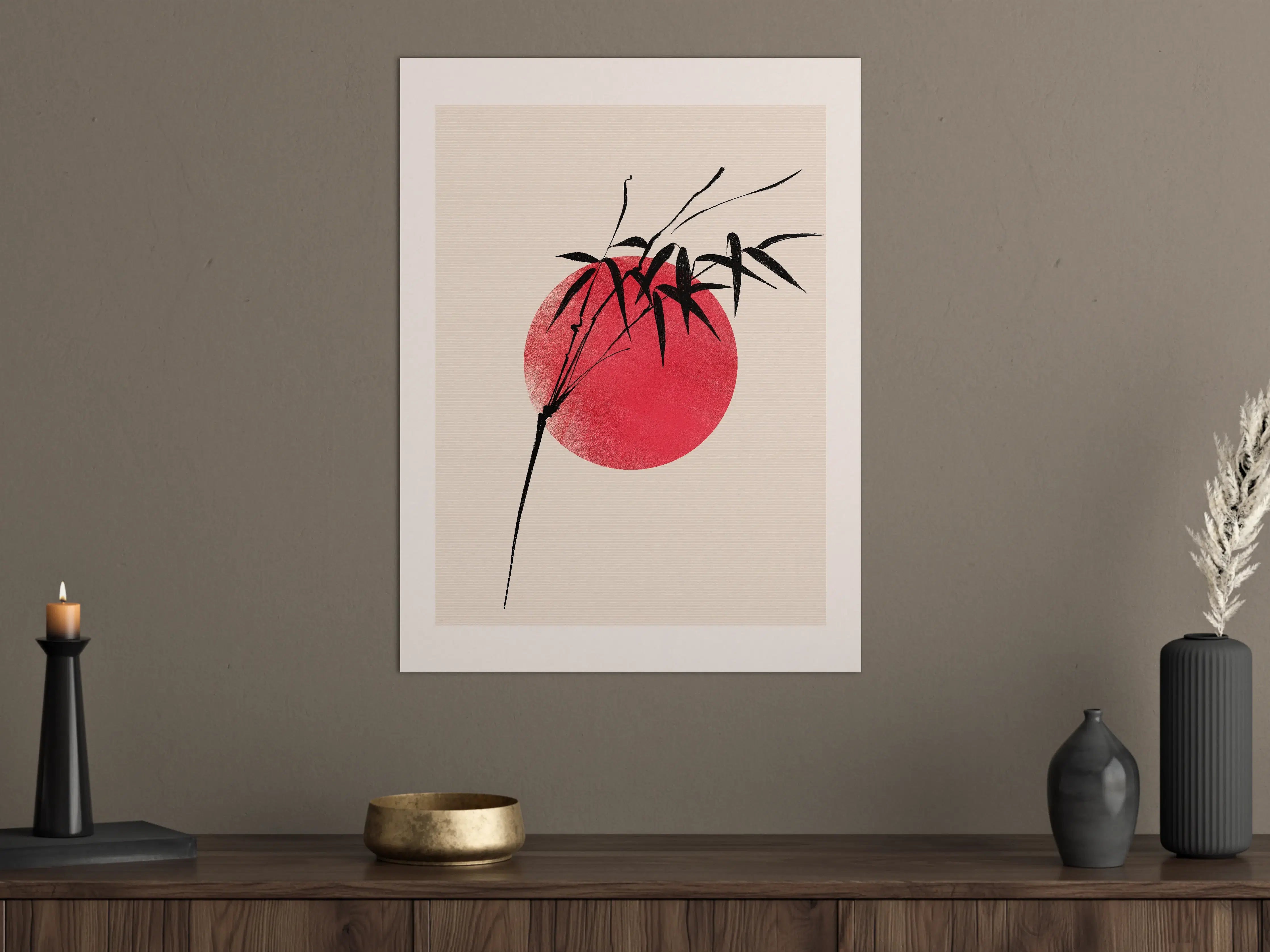 Große Wandbilder - Minimalistisches Bambusmotiv mit rotem Sonnenuntergang
