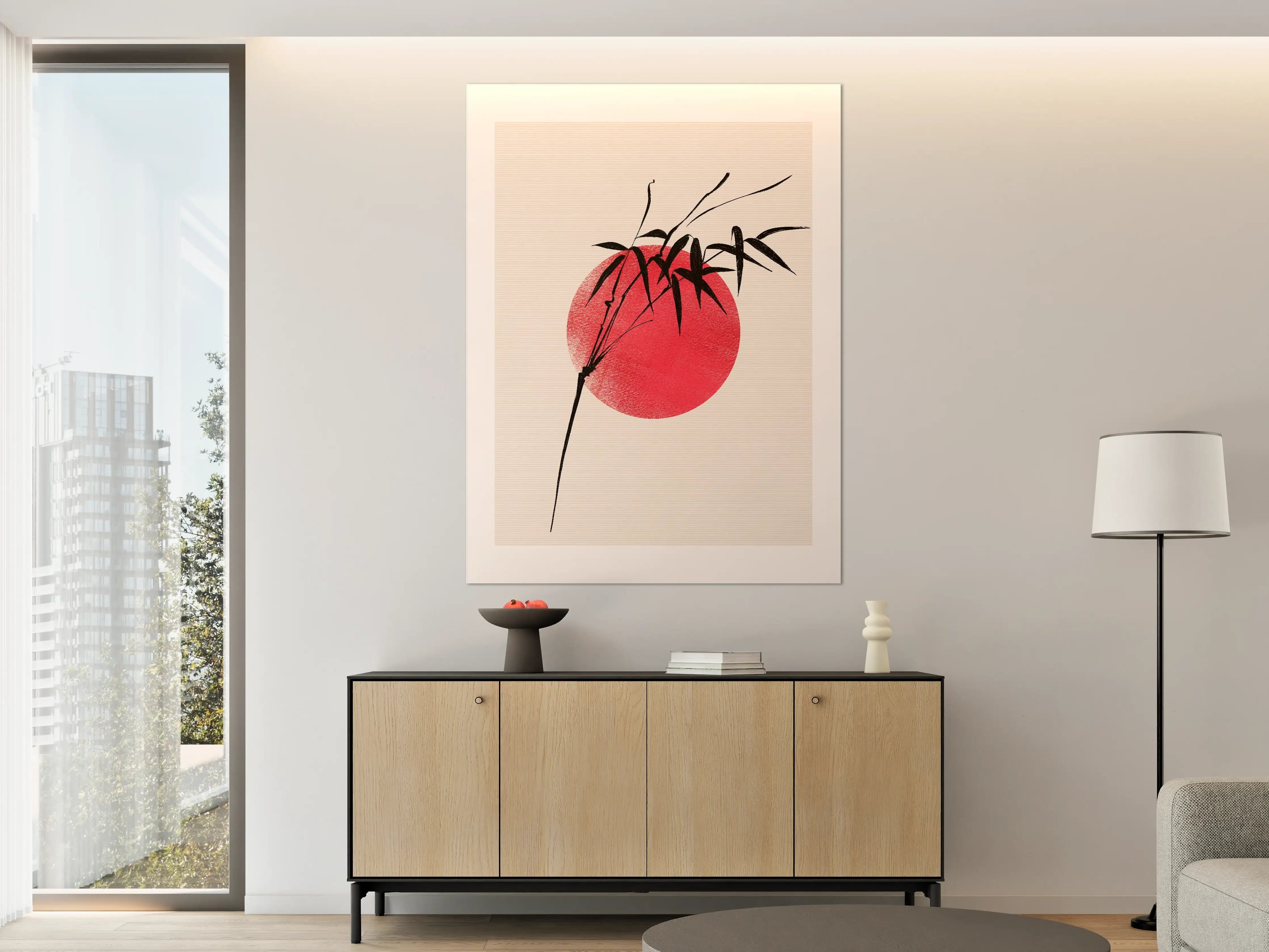 Große Wandbilder - Minimalistisches Bambusmotiv mit rotem Sonnenuntergang