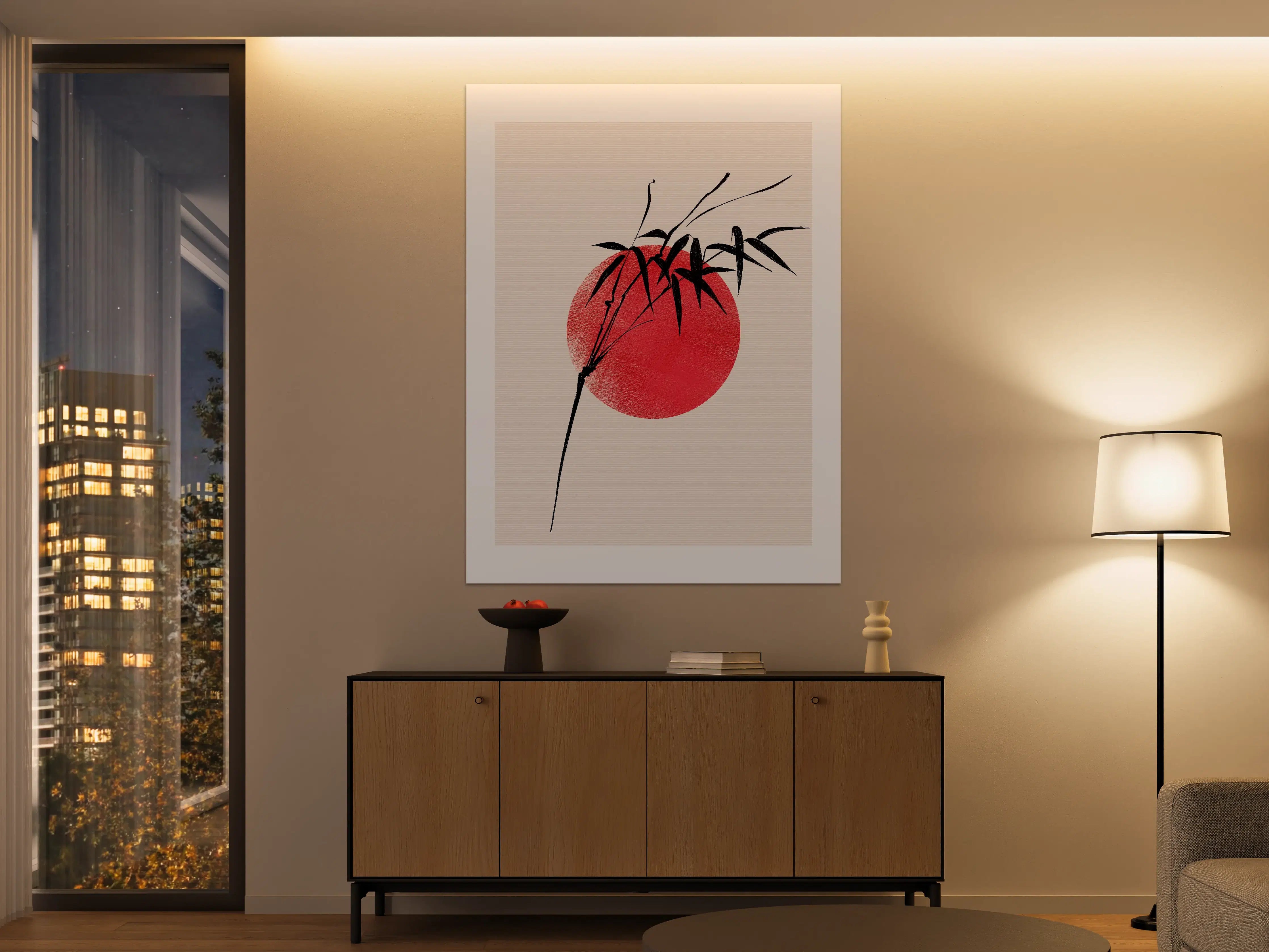 Große Wandbilder - Minimalistisches Bambusmotiv mit rotem Sonnenuntergang
