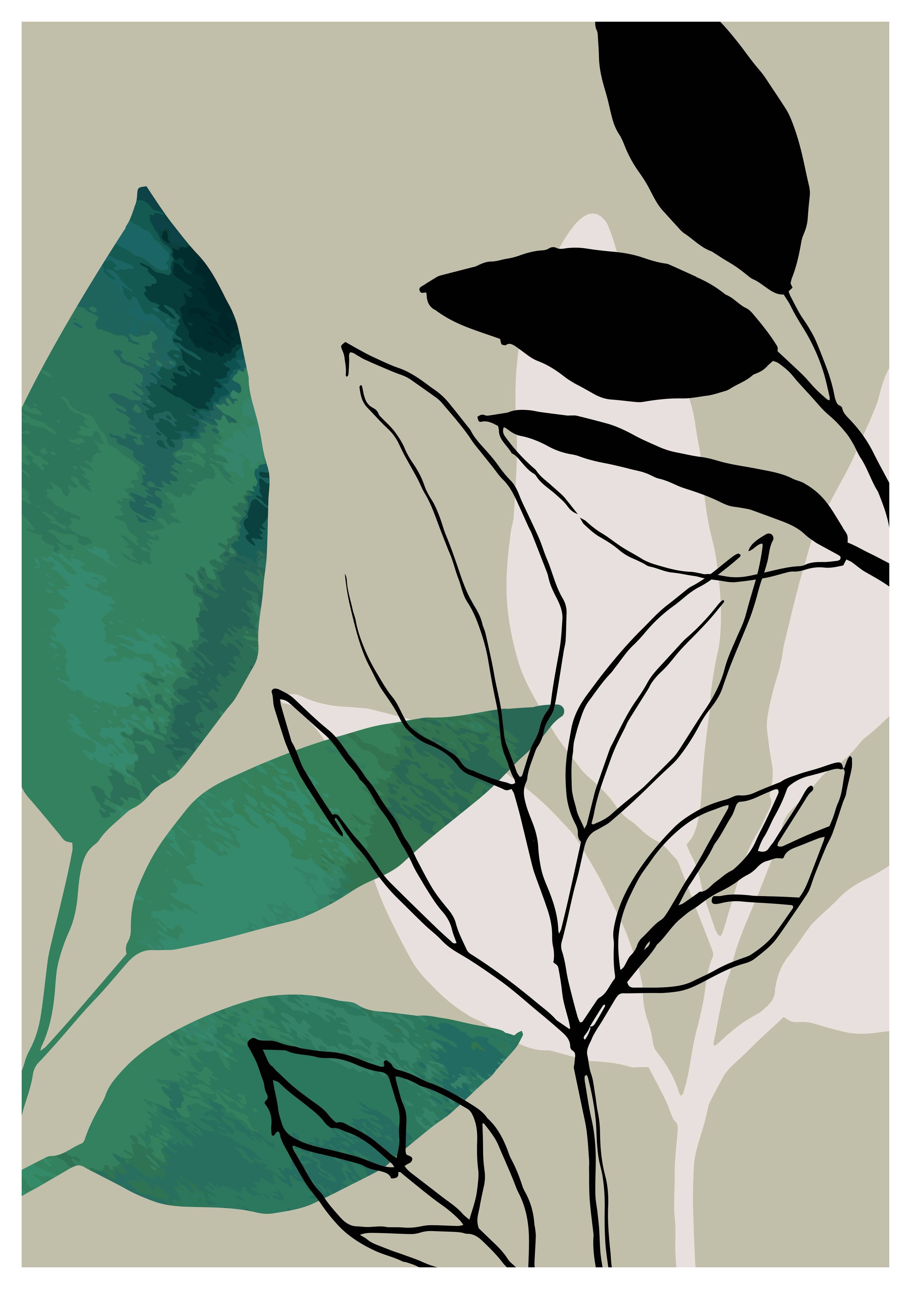 Große Wandbilder-Moderne Blatt-Illustration in Grün und Schwarz
