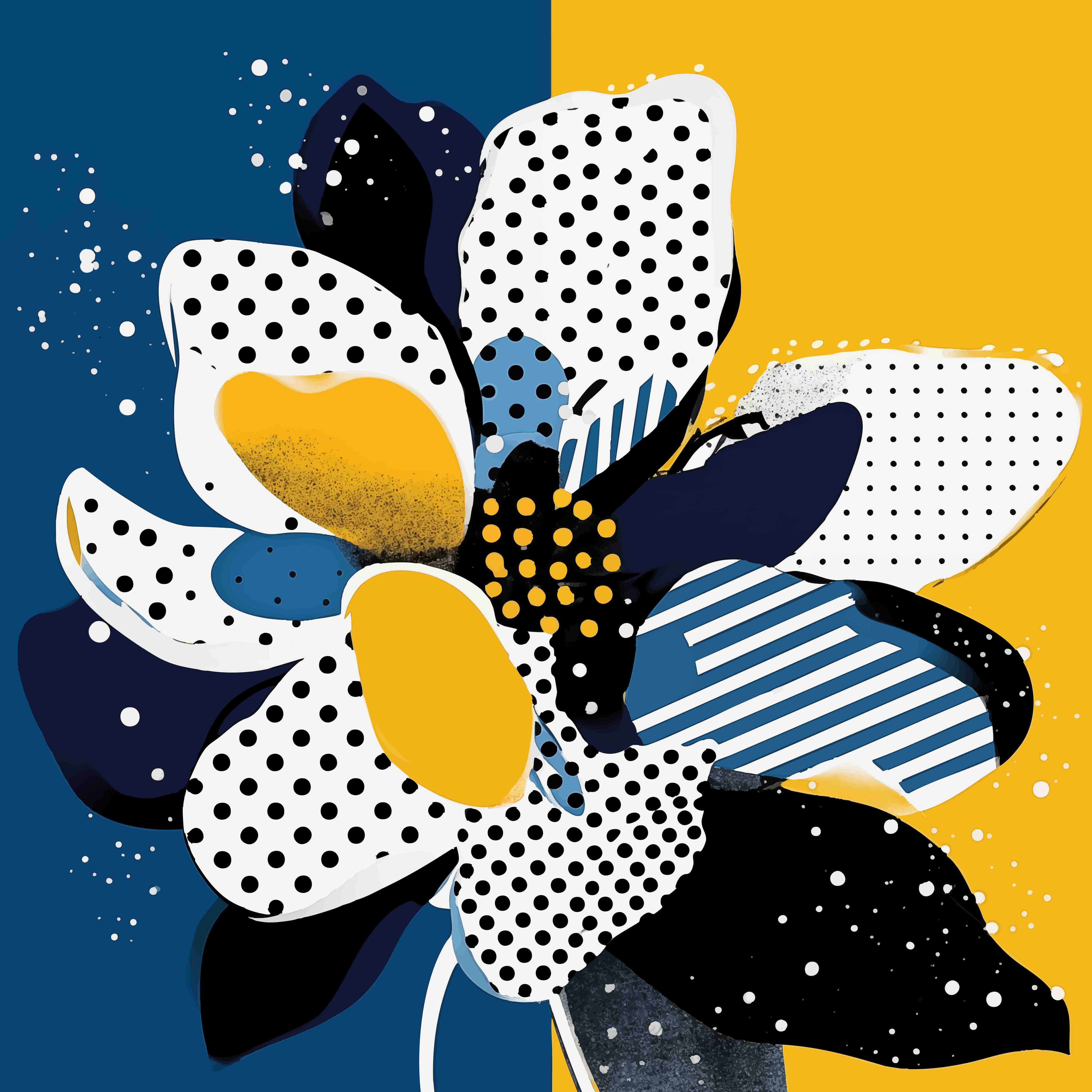 Große Wandbilder-Moderne Blumenillustration in Blau, Weiß und Gelb