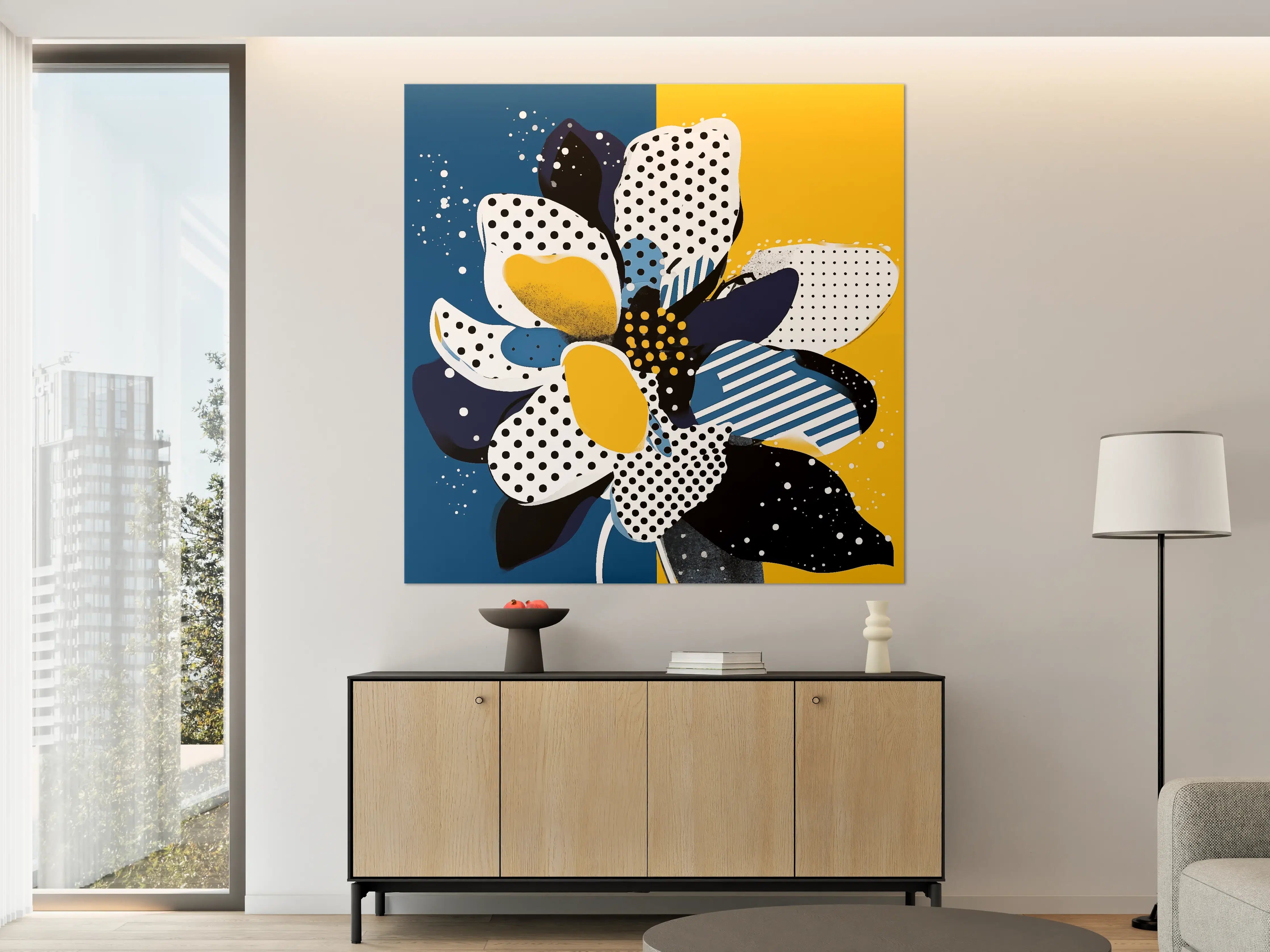 Große Wandbilder - Moderne Blumenillustration in Blau, Weiß und Gelb