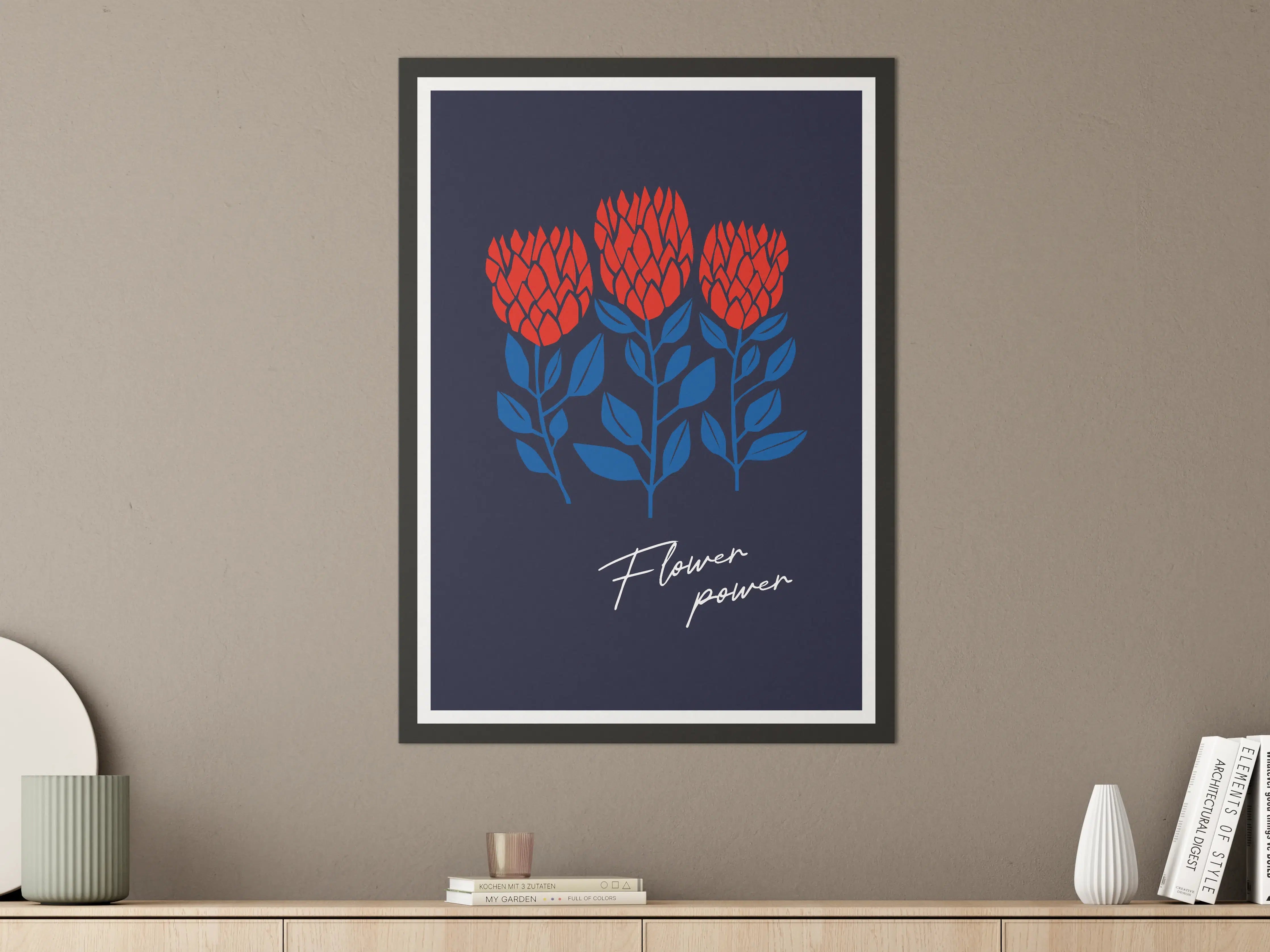 Große Wandbilder - Moderne Blumenillustration in Rot und Blau
