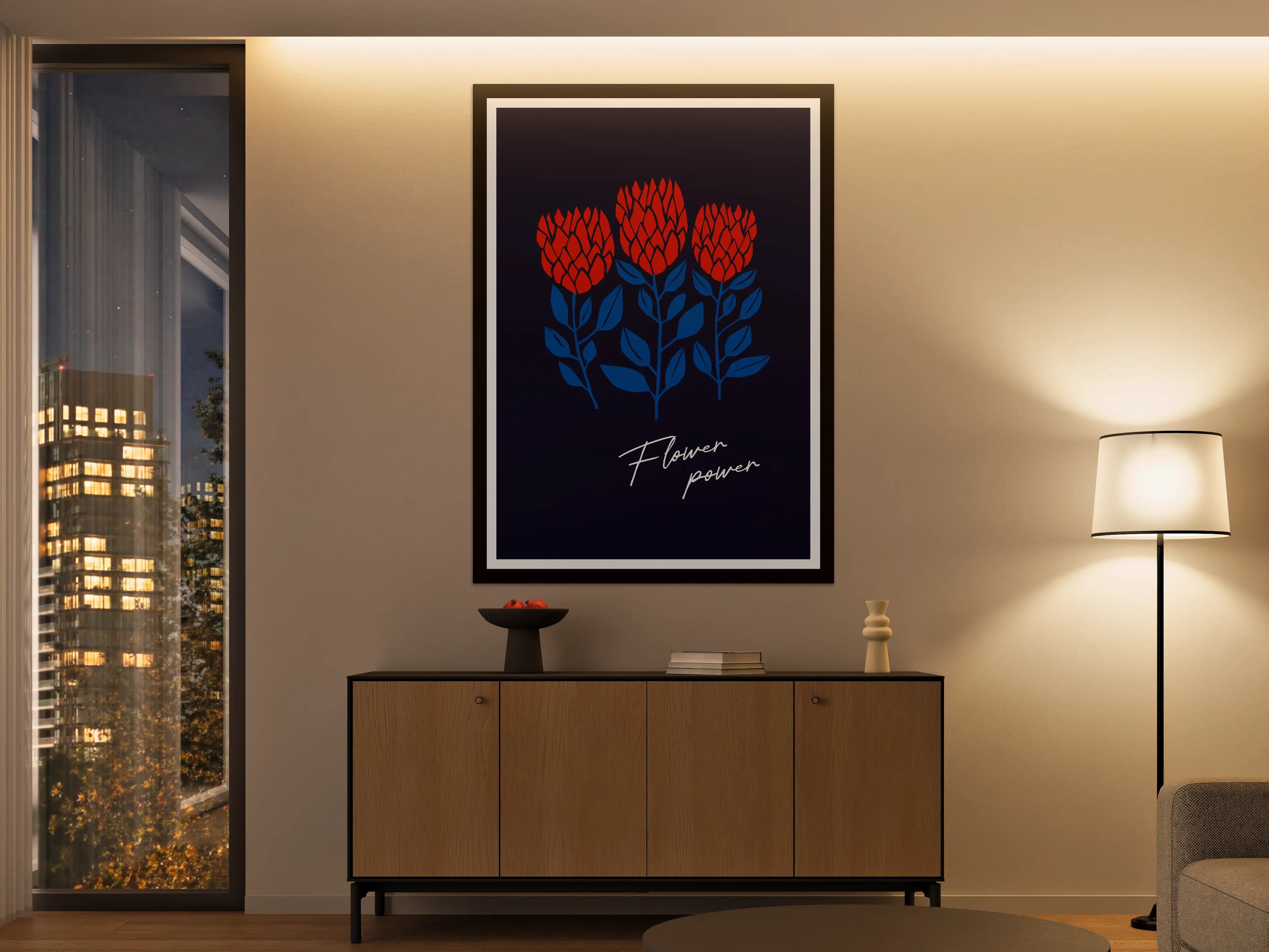 Große Wandbilder - Moderne Blumenillustration in Rot und Blau