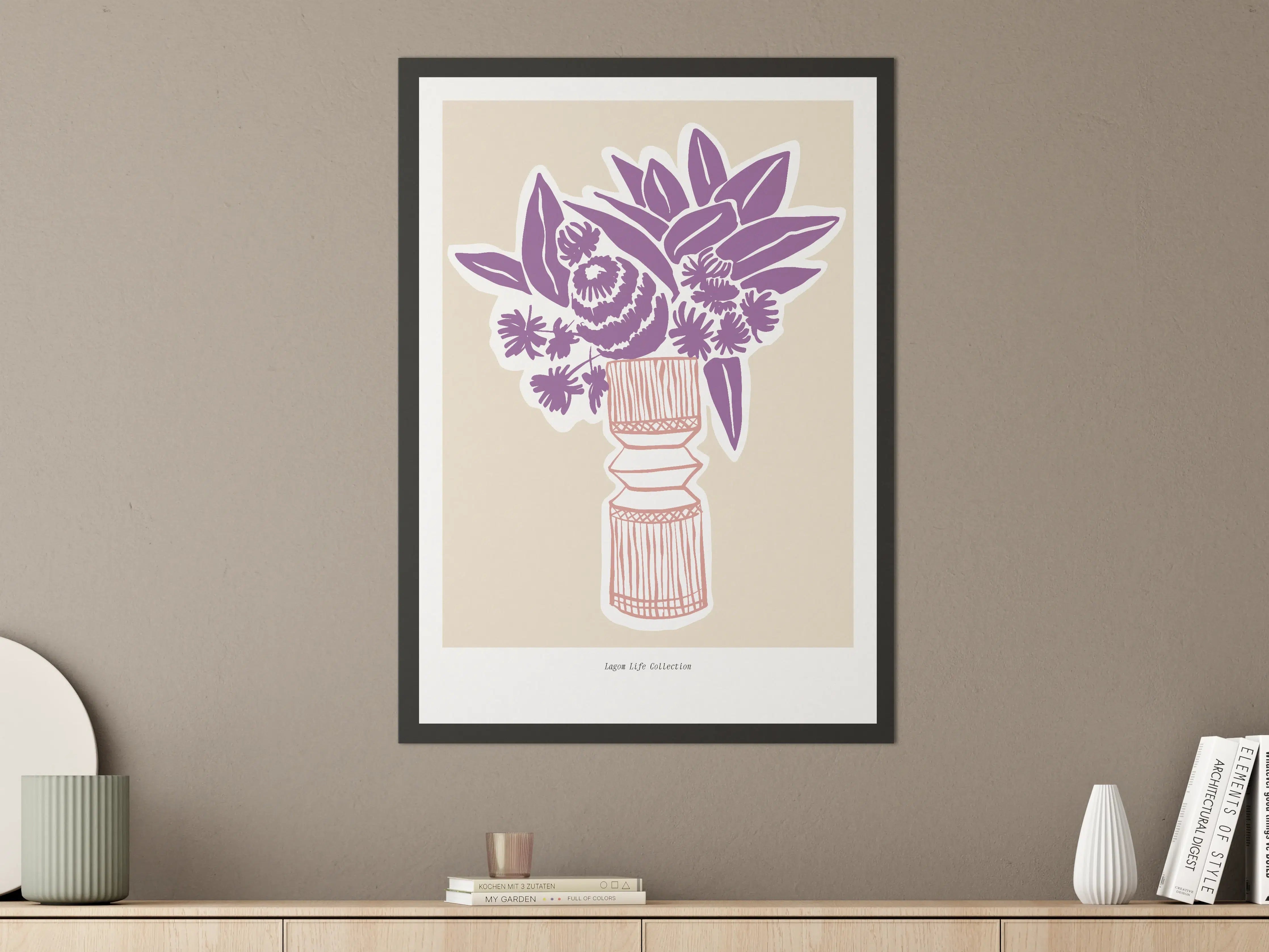Große Wandbilder - Moderne Blumenillustration in Violett auf Creme