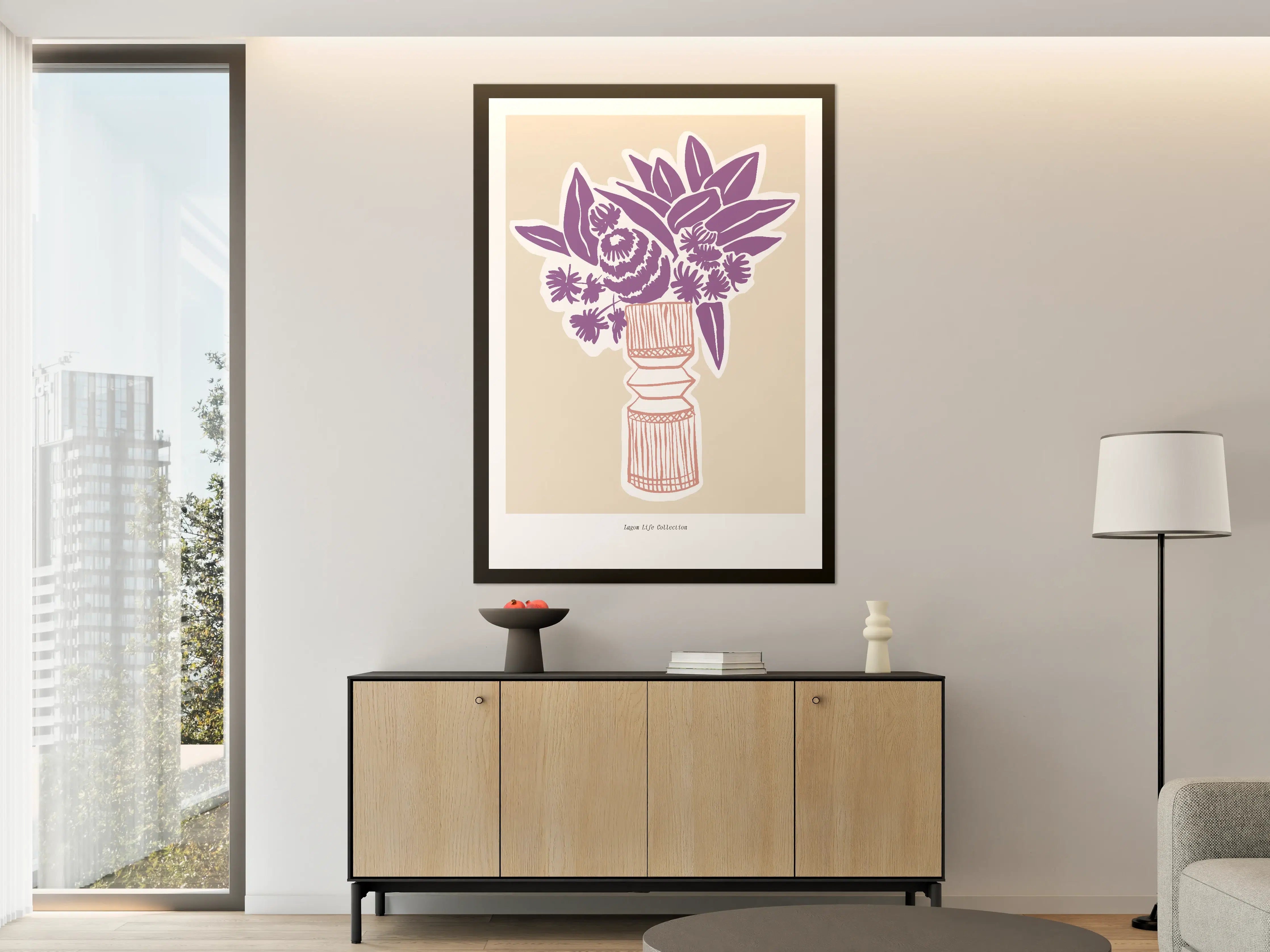 Große Wandbilder - Moderne Blumenillustration in Violett auf Creme