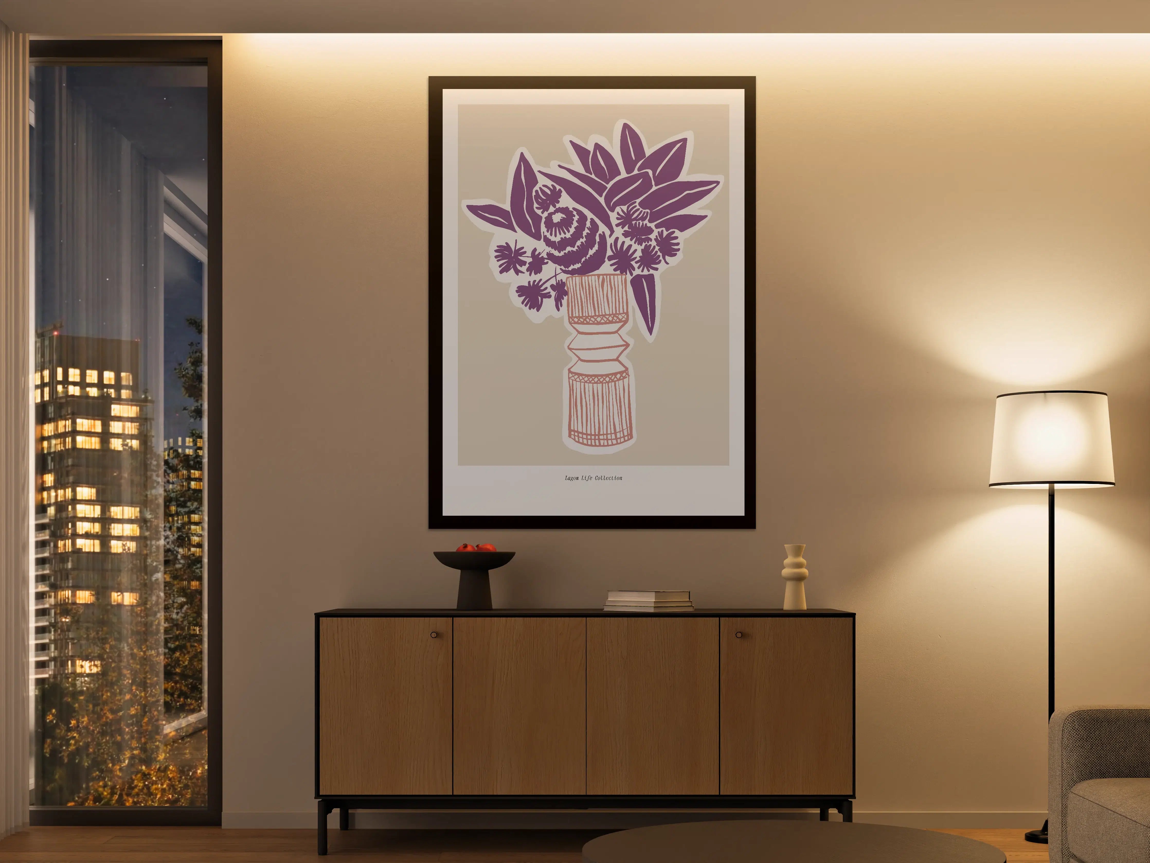 Große Wandbilder - Moderne Blumenillustration in Violett auf Creme