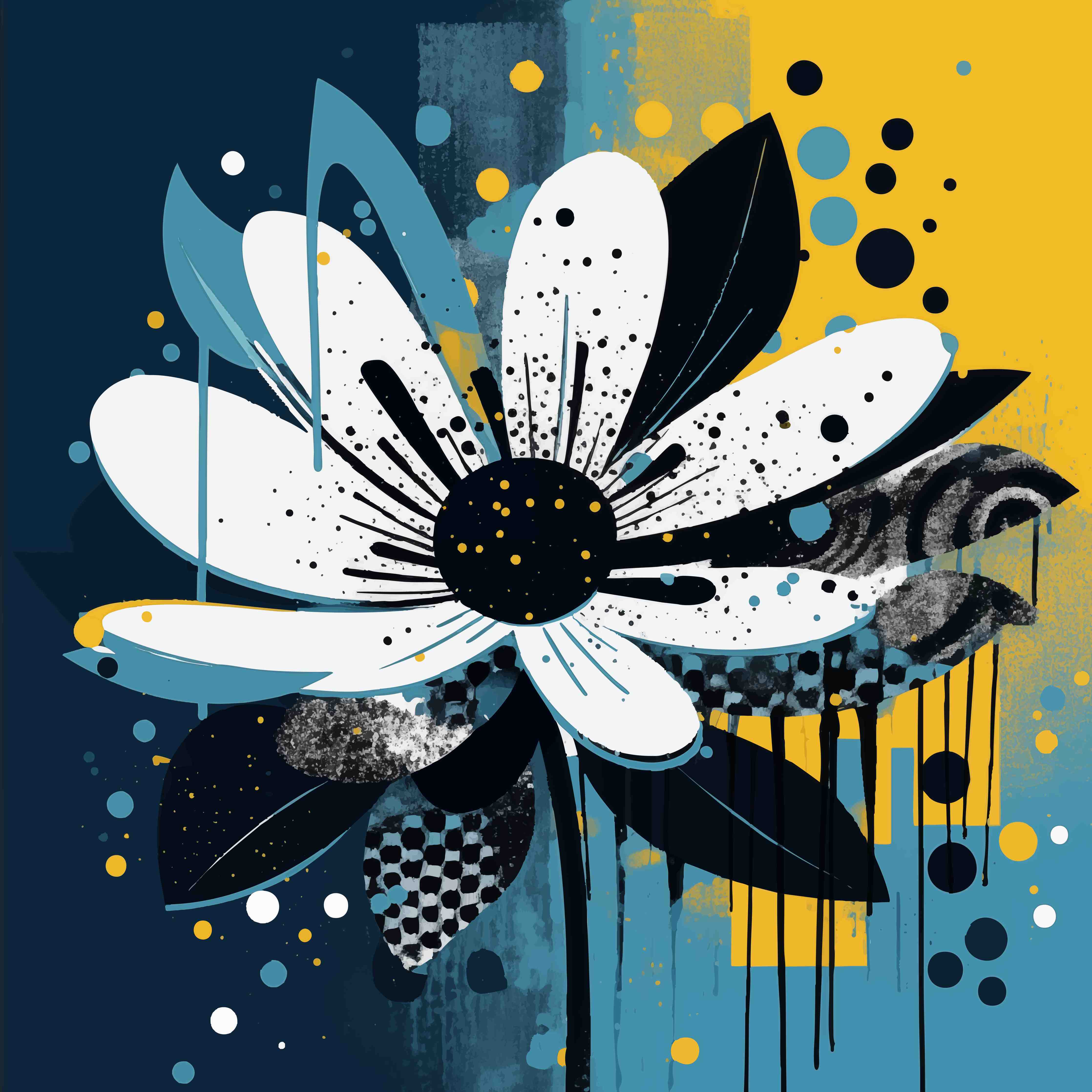 Große Wandbilder-Moderne Blumenkunst mit blauen, schwarzen und weißen Akzenten