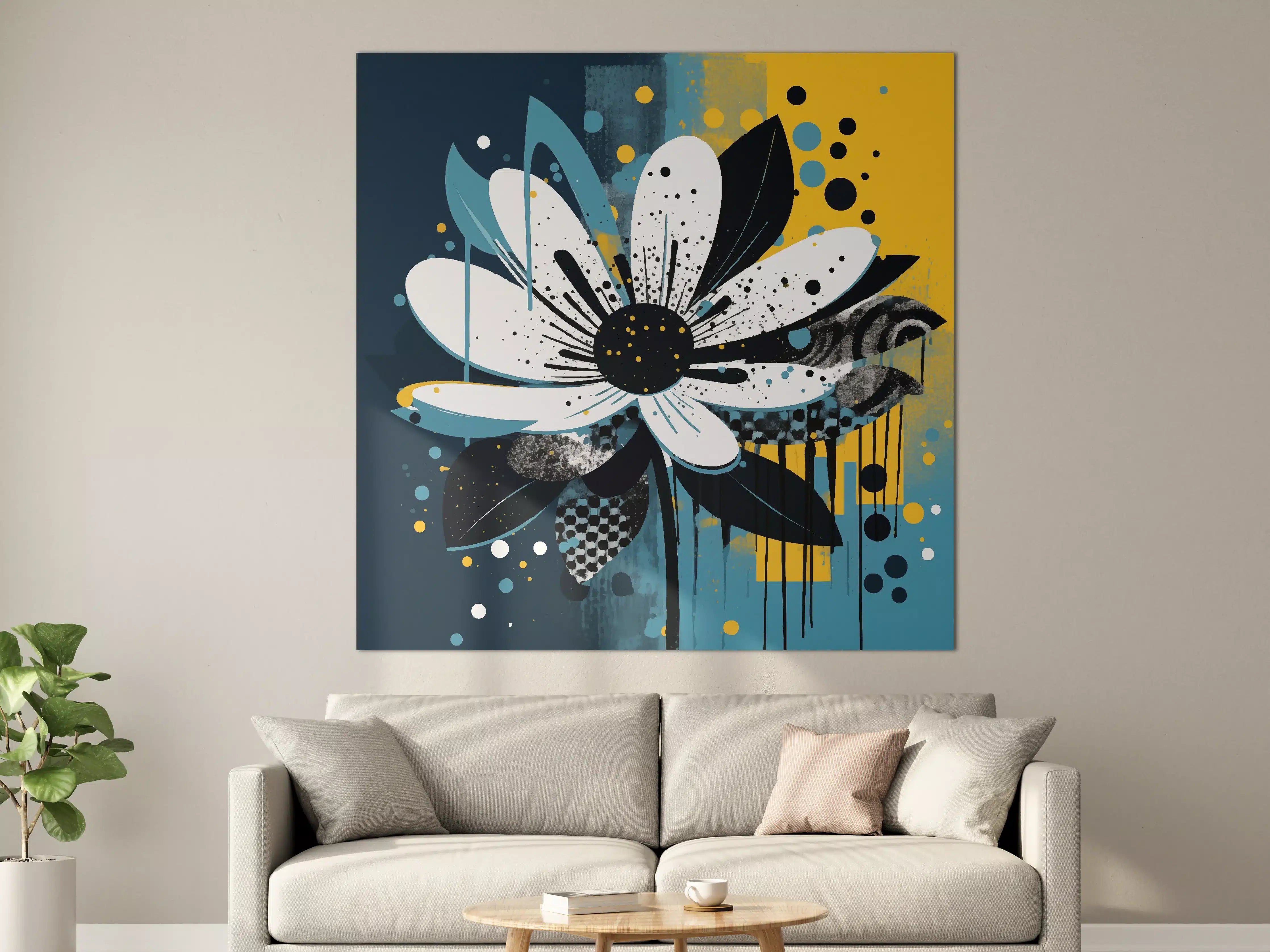 Große Wandbilder - Moderne Blumenkunst mit blauen, schwarzen und weißen Akzenten