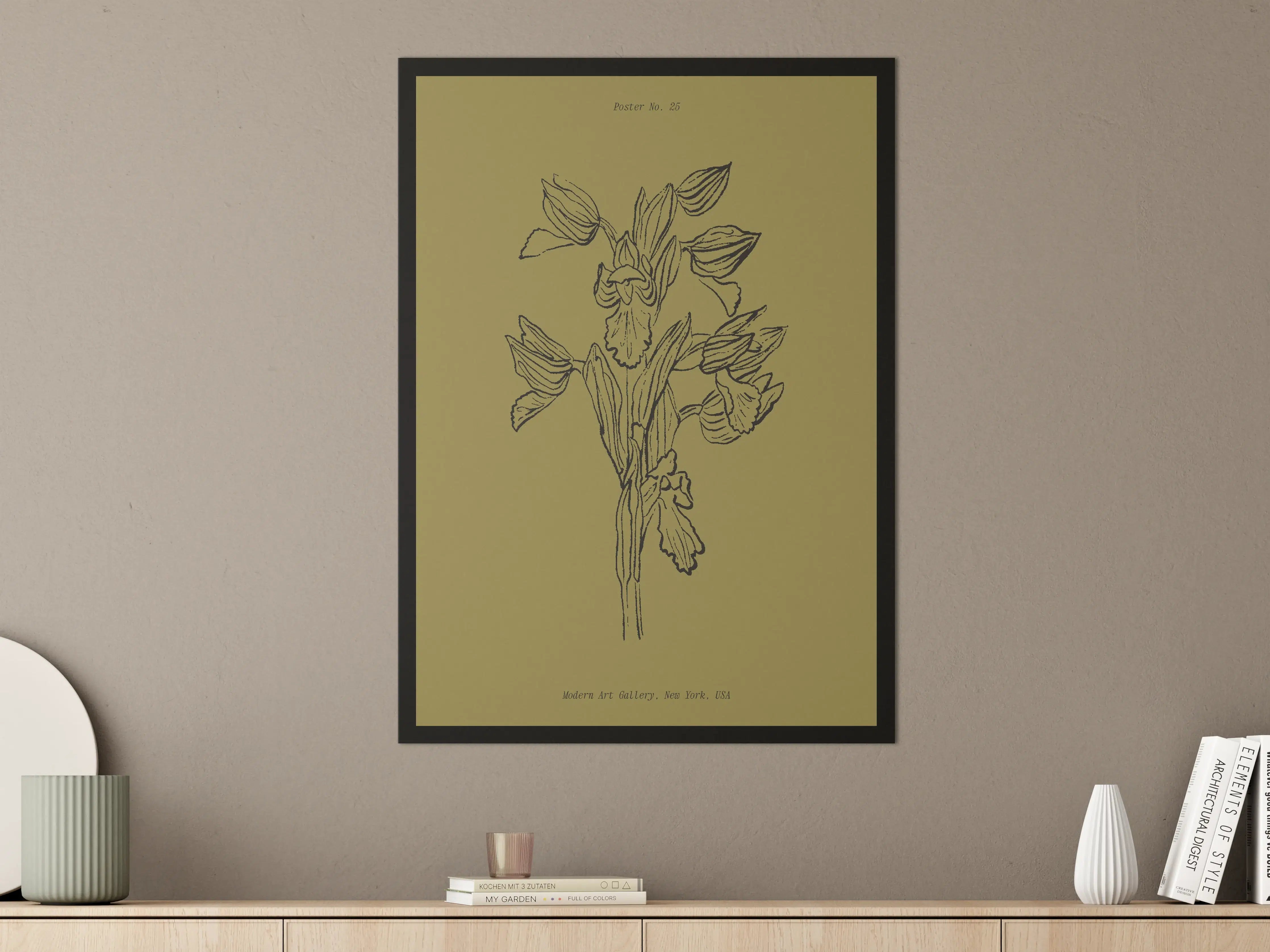 Große Wandbilder - Moderne Blumenzeichnung auf Olivegrün