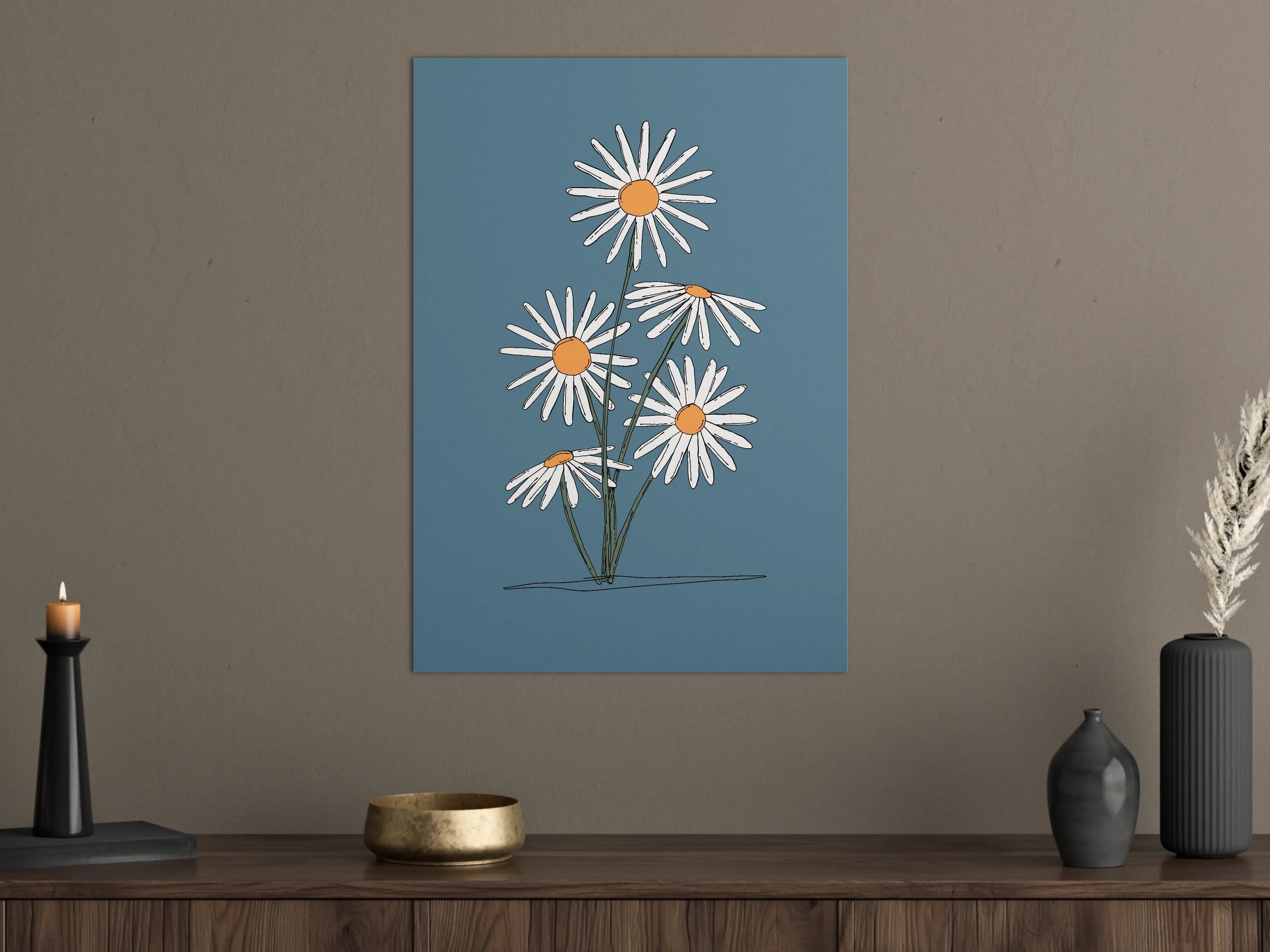 Große Wandbilder - Moderne Gerbera Blumenzeichnung auf Blau