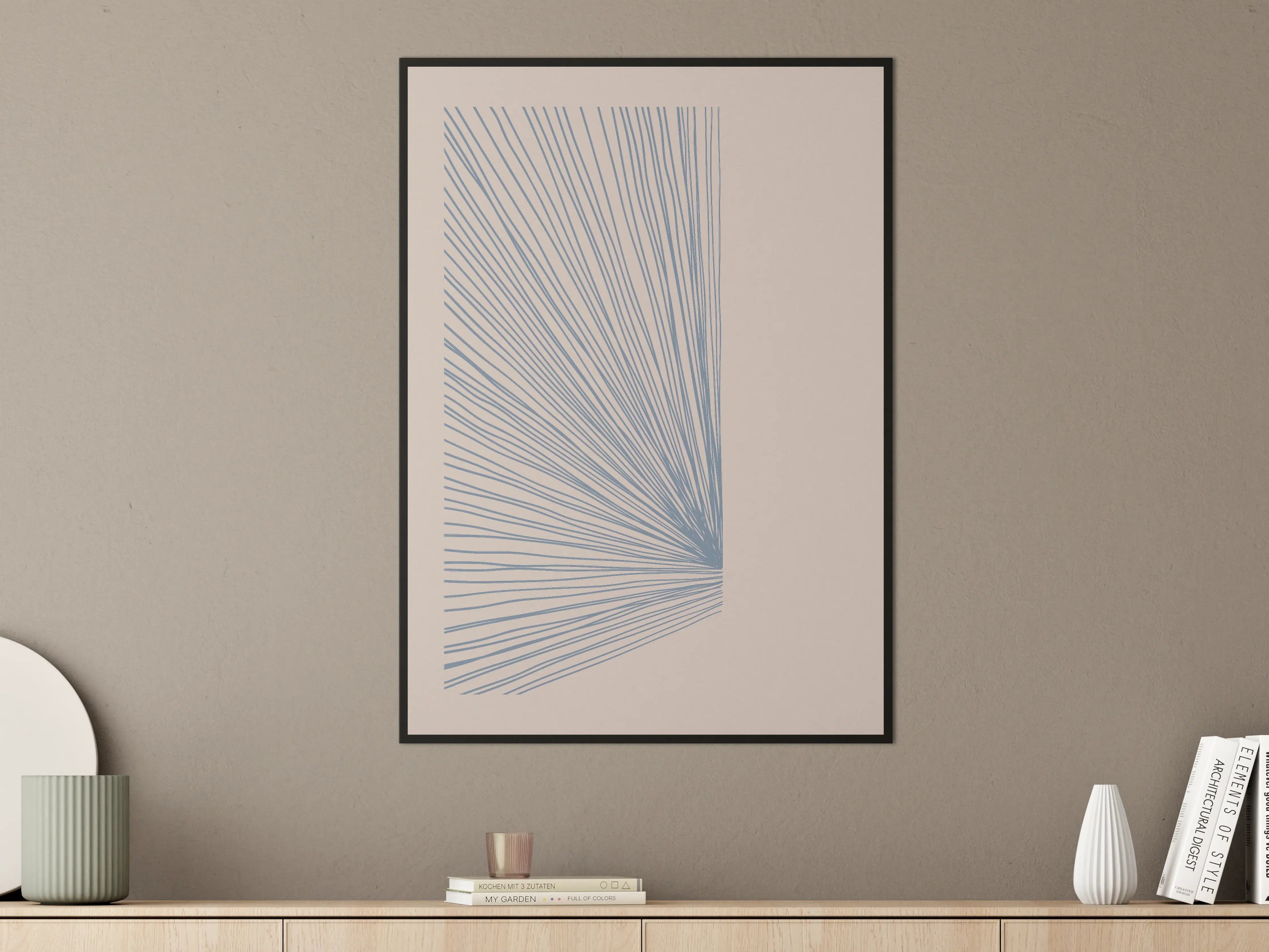 Große Wandbilder - Moderne Linienkunst in Blau auf beigem Hintergrund
