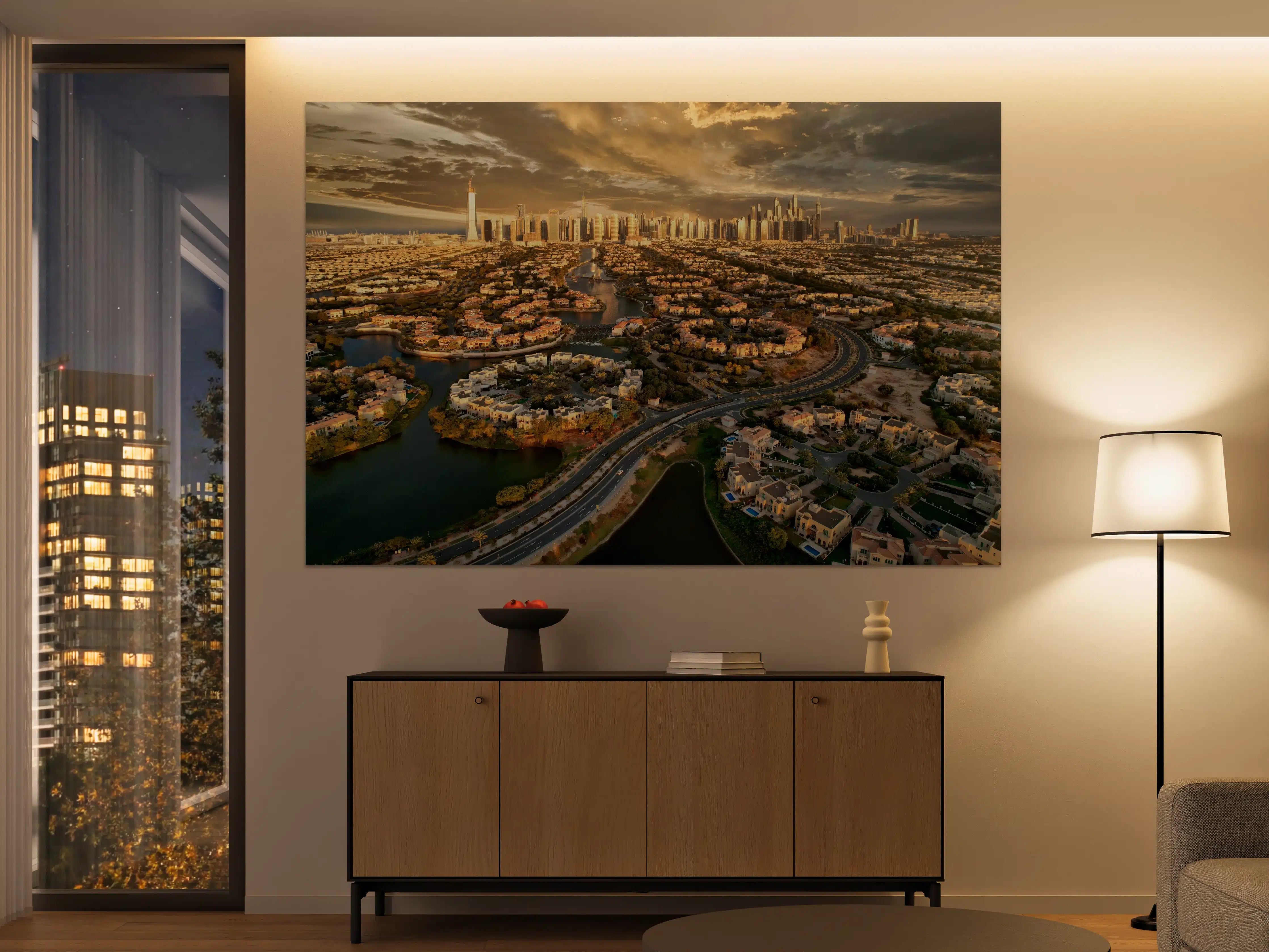 Große Wandbilder - Moderne Stadtskyline bei Sonnenuntergang