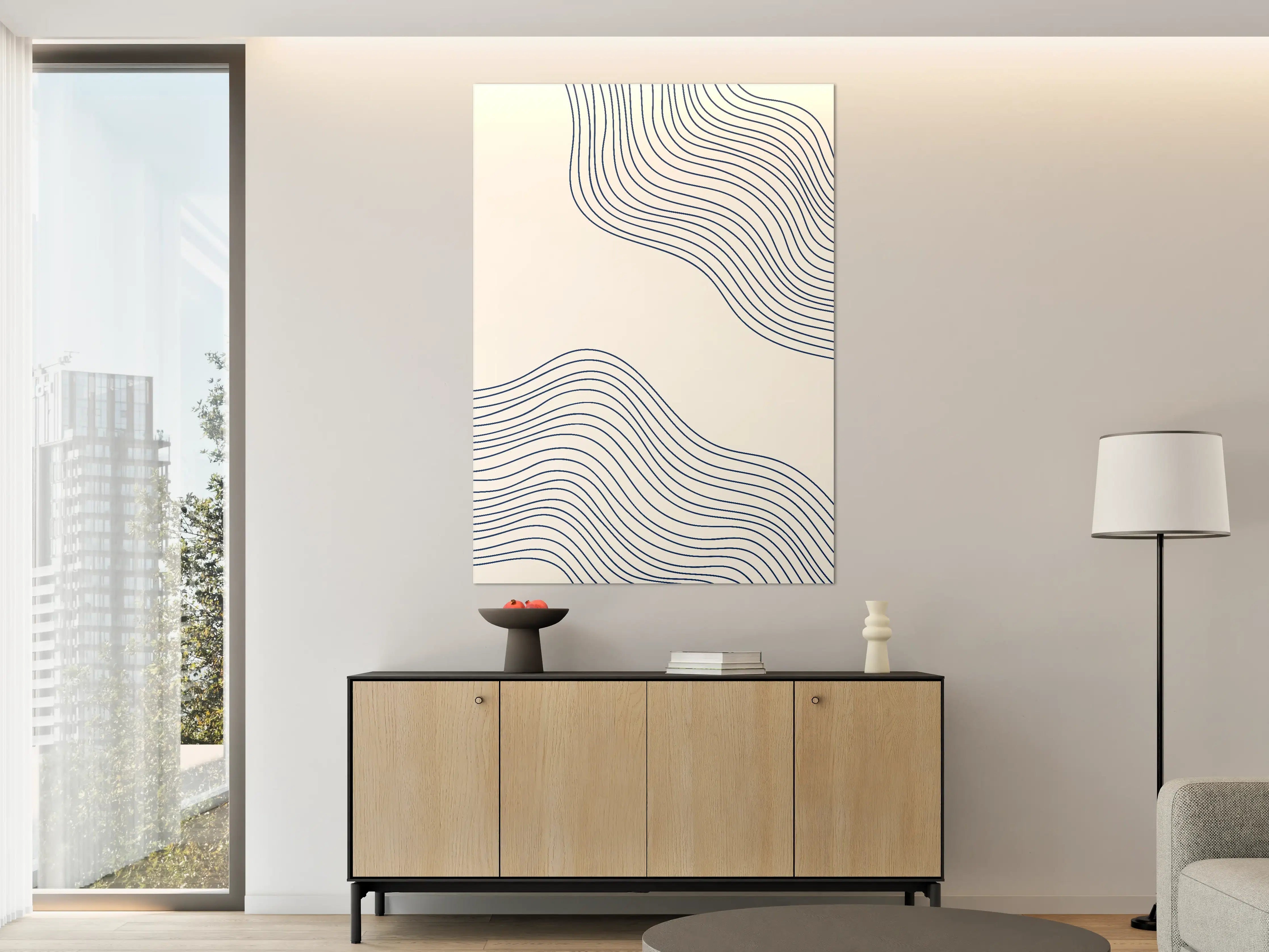 Große Wandbilder - Moderne Wellenlinie in Blau auf Beigegrauem Hintergrund