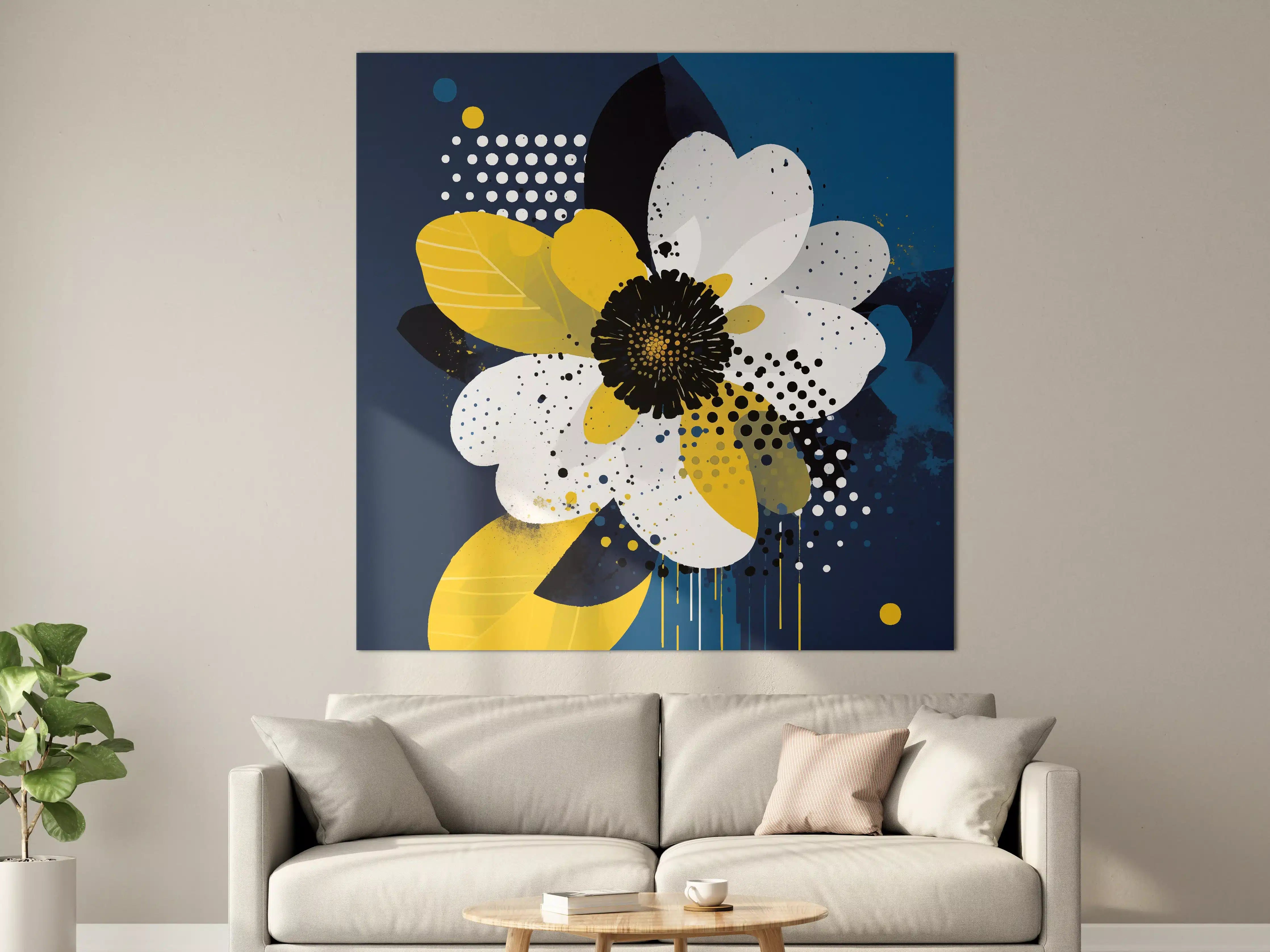 Große Wandbilder - Moderne abstrakte Blumenmalerei in Blau, Weiß und Gelb