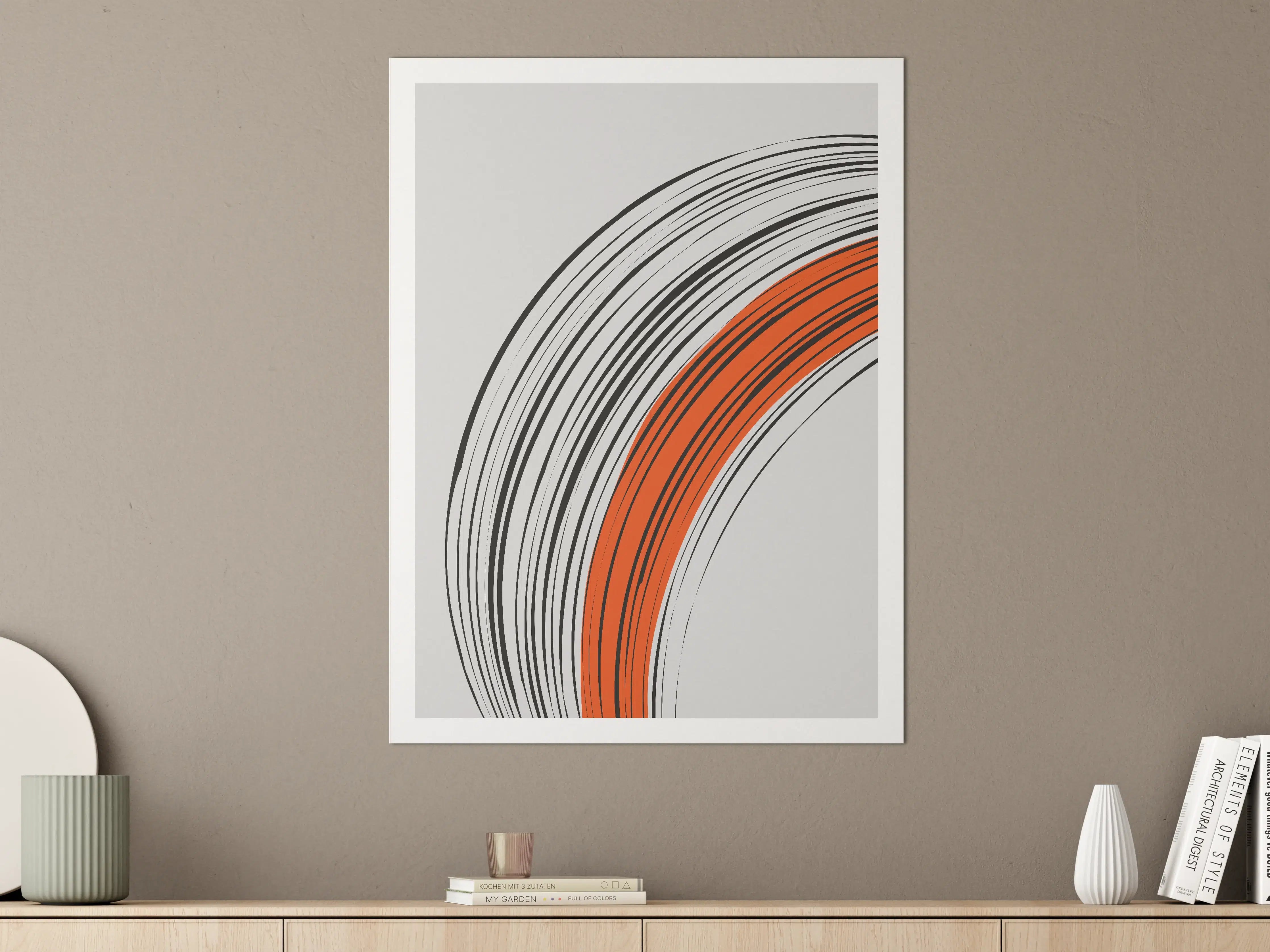 Große Wandbilder - Moderne abstrakte Kreise in Schwarz, Weiß und Orange auf hellem Hintergrund