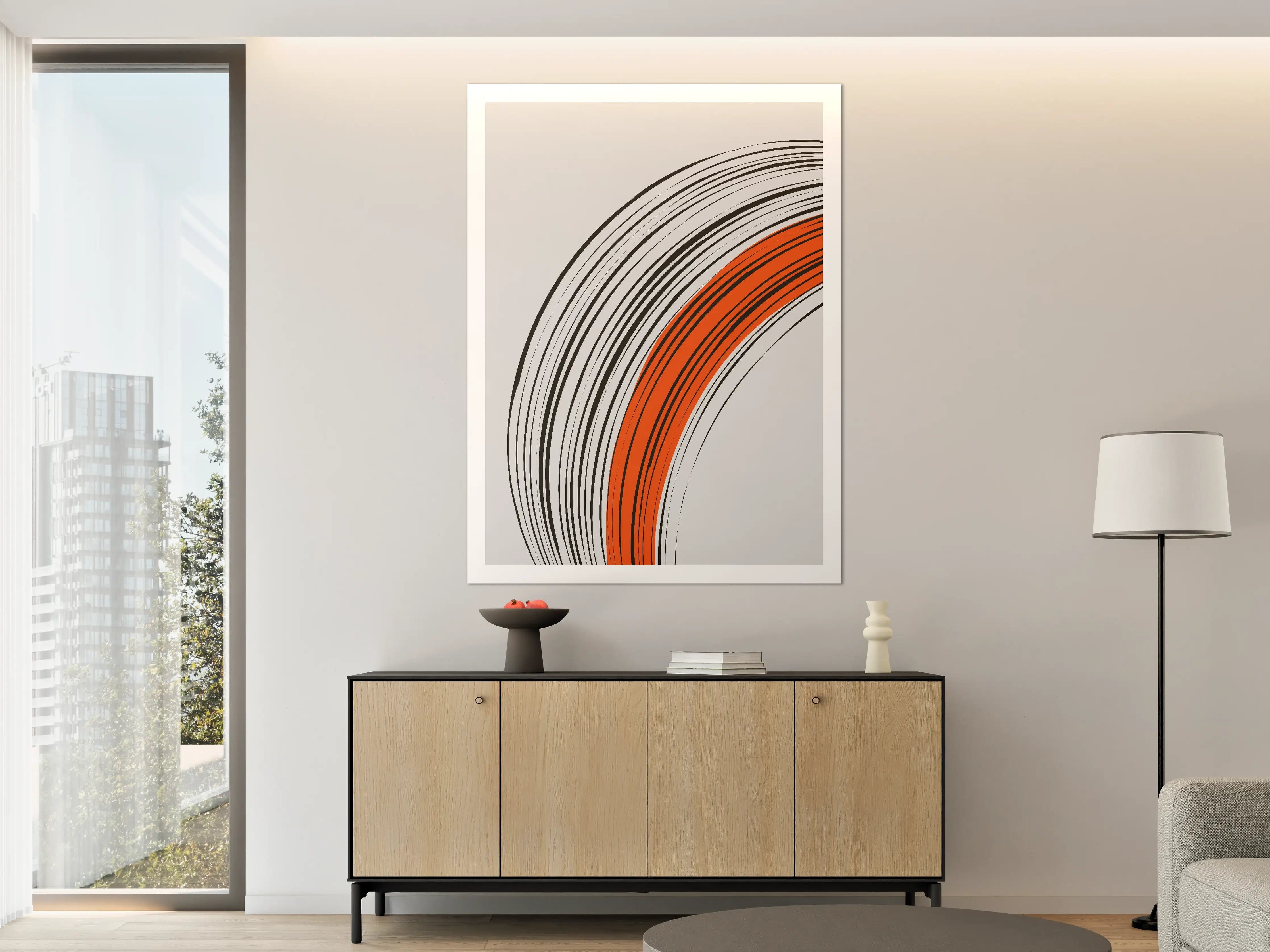 Große Wandbilder - Moderne abstrakte Kreise in Schwarz, Weiß und Orange auf hellem Hintergrund