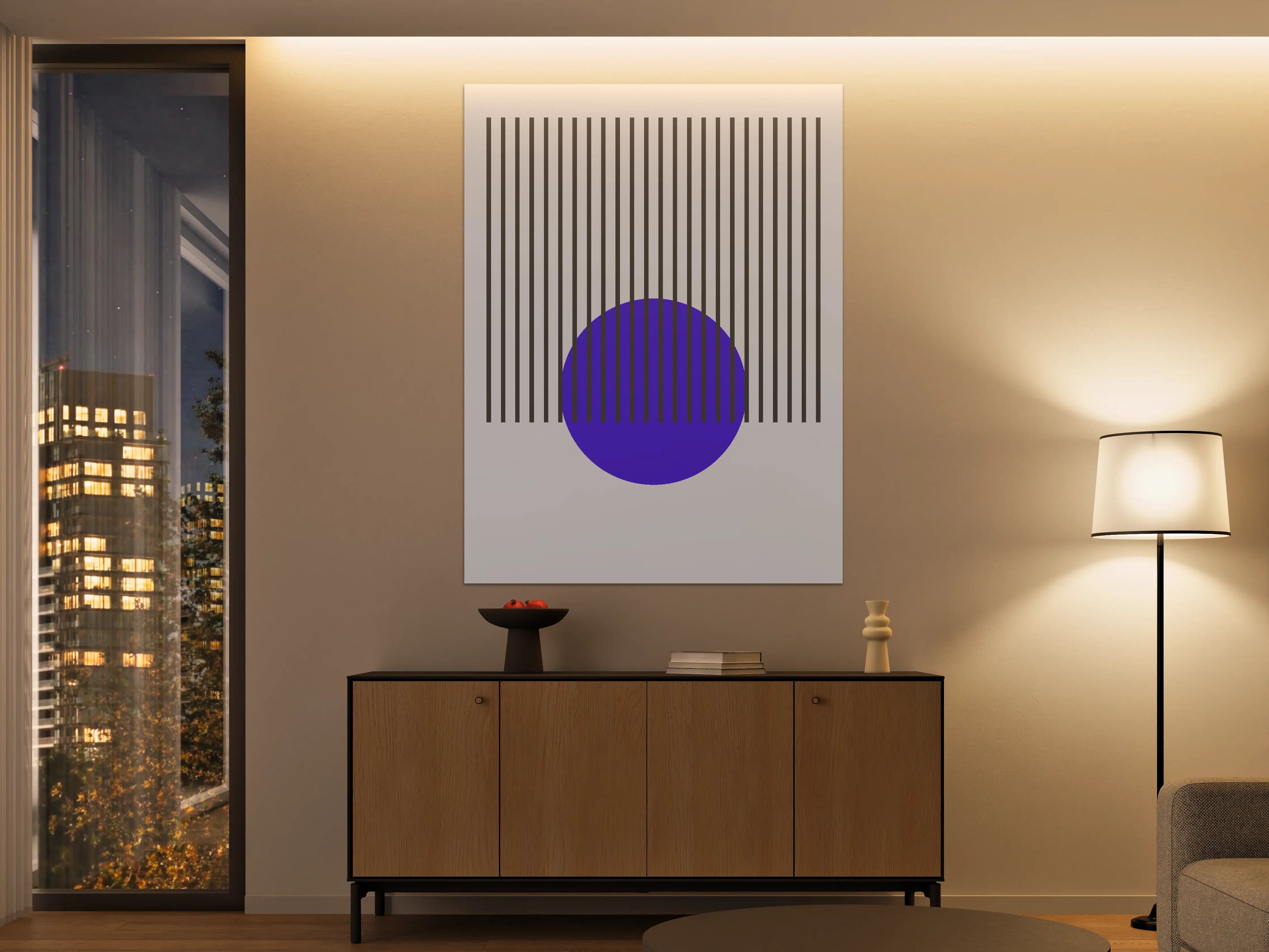 Große Wandbilder - Moderne abstrakte Kunst mit blauer Kugel und schwarzen Linien
