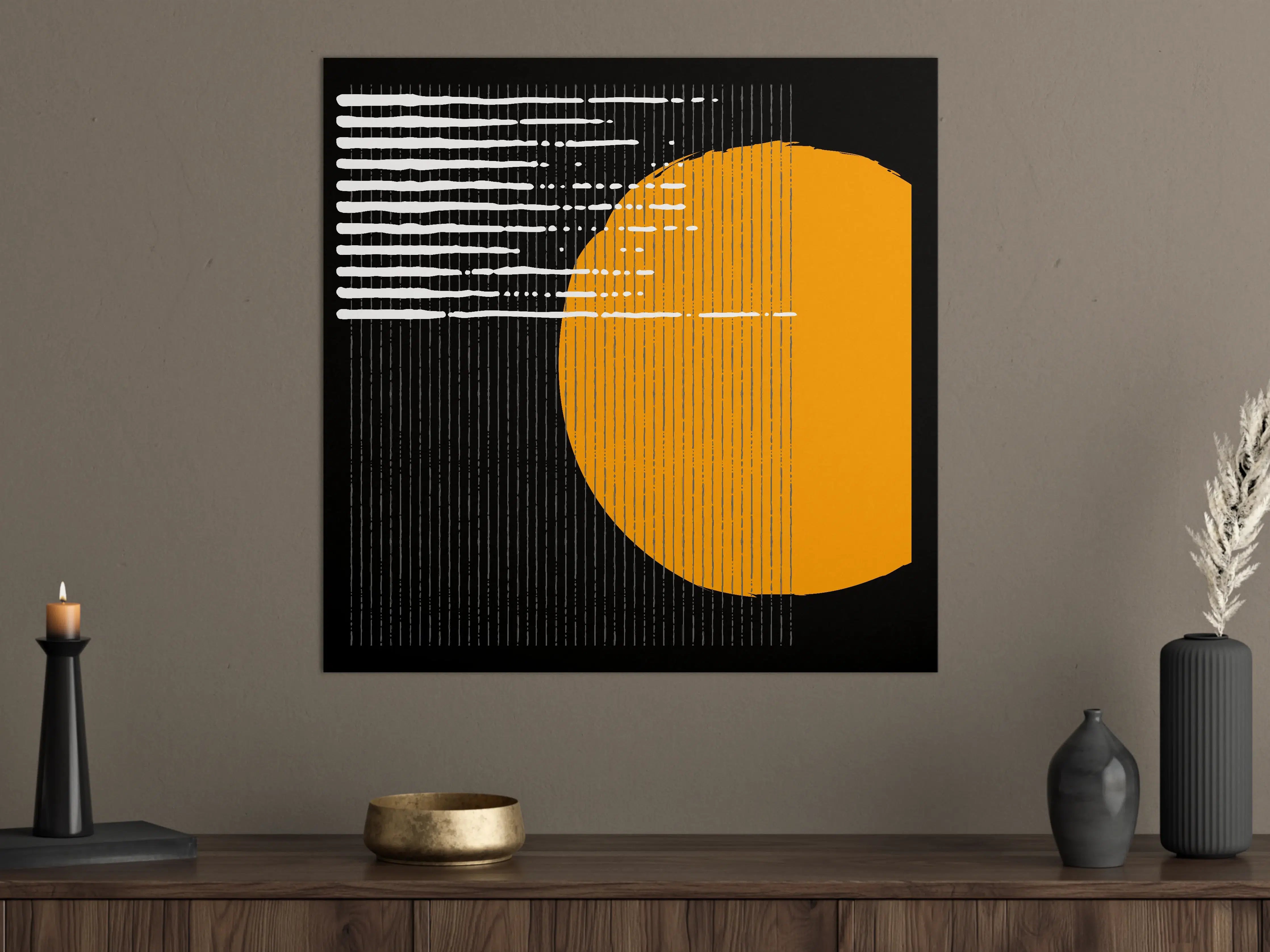 Große Wandbilder - Moderne abstrakte Kunst mit orangener Sonne und schwarzen Elementen