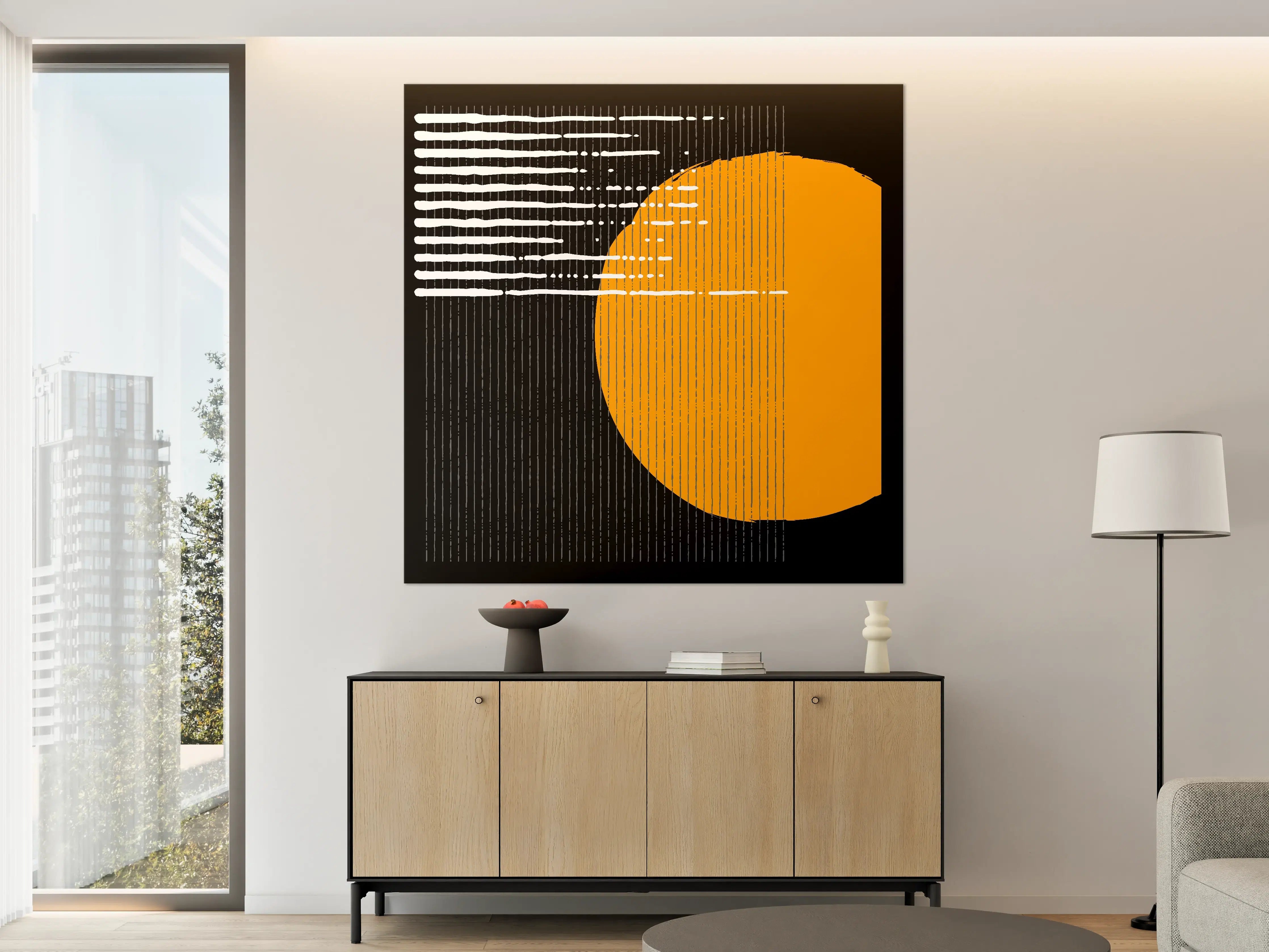 Große Wandbilder - Moderne abstrakte Kunst mit orangener Sonne und schwarzen Elementen