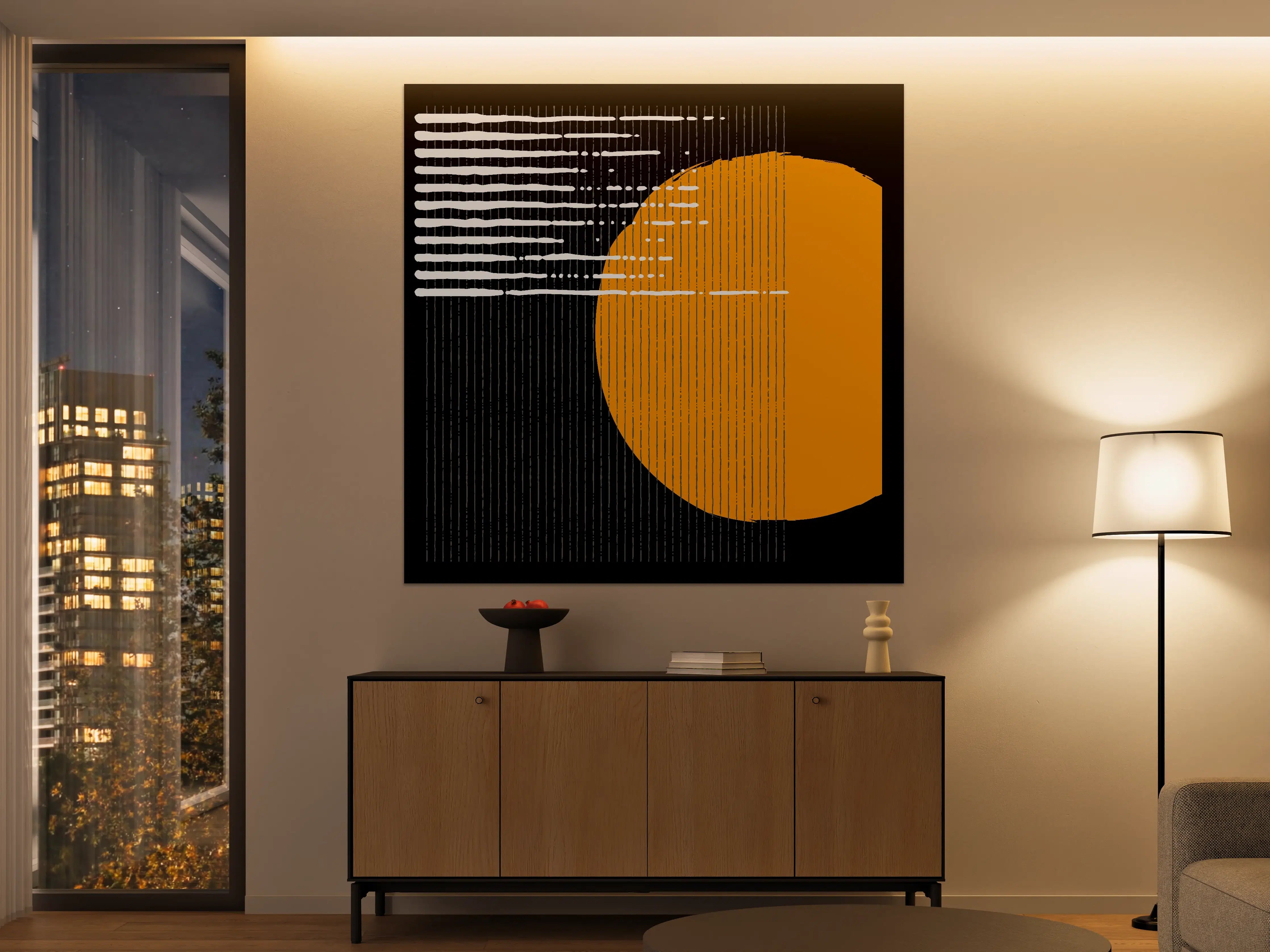 Große Wandbilder - Moderne abstrakte Kunst mit orangener Sonne und schwarzen Elementen