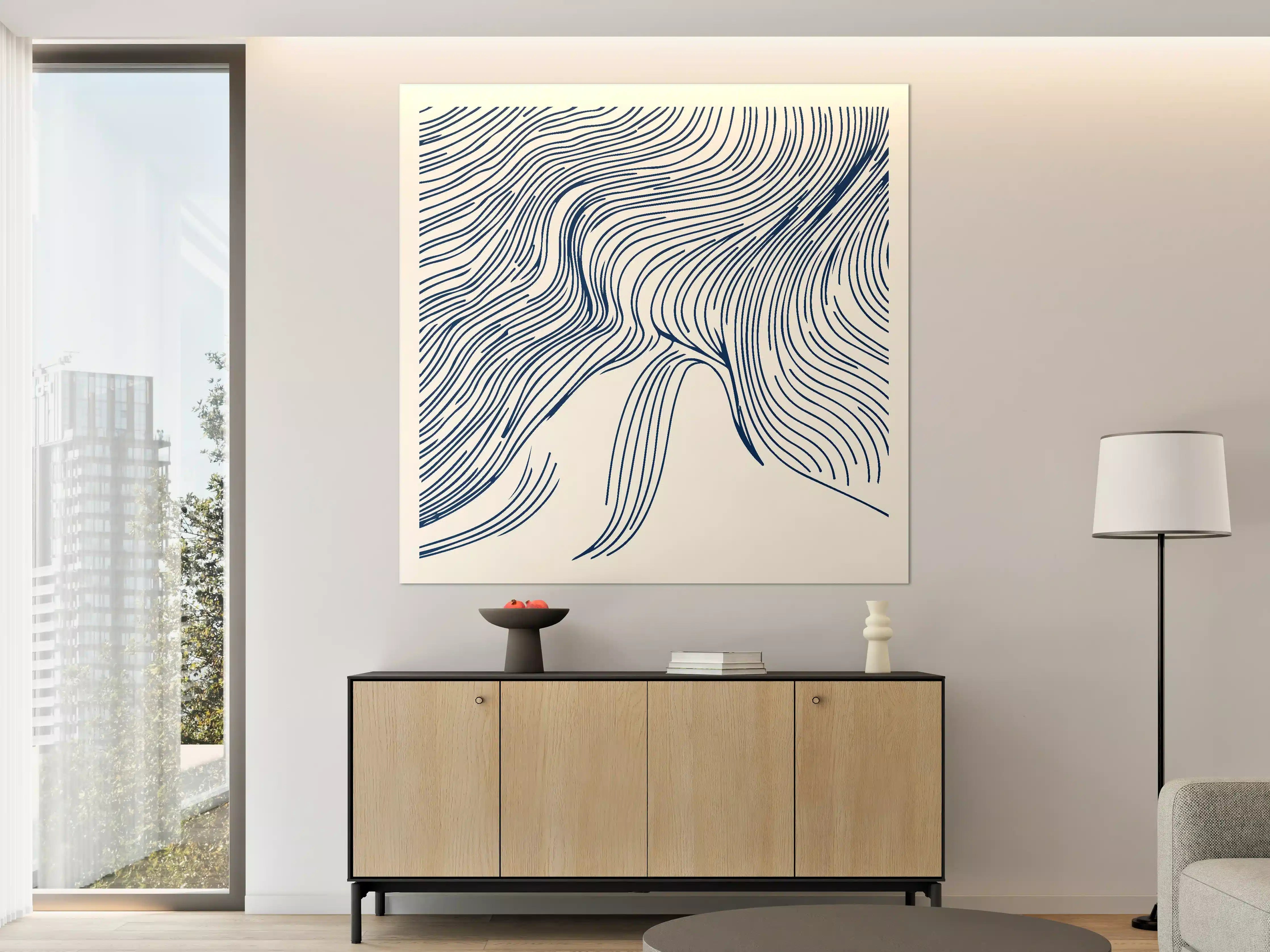 Große Wandbilder - Moderne abstrakte Linienkunst in Dunkelblau und Creme