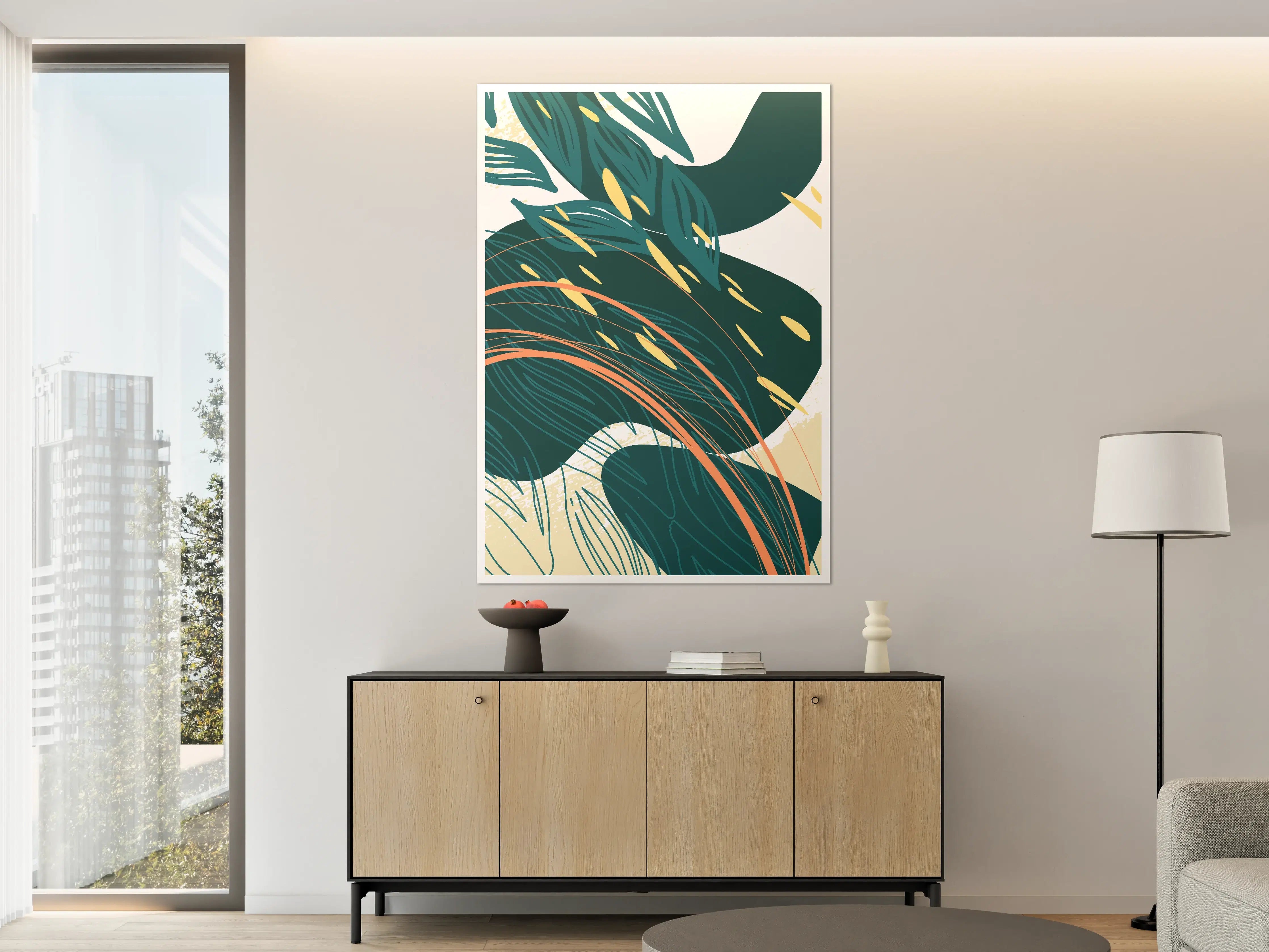 Große Wandbilder - Moderne abstrakte Pflanzenkunst in Blau und Beige