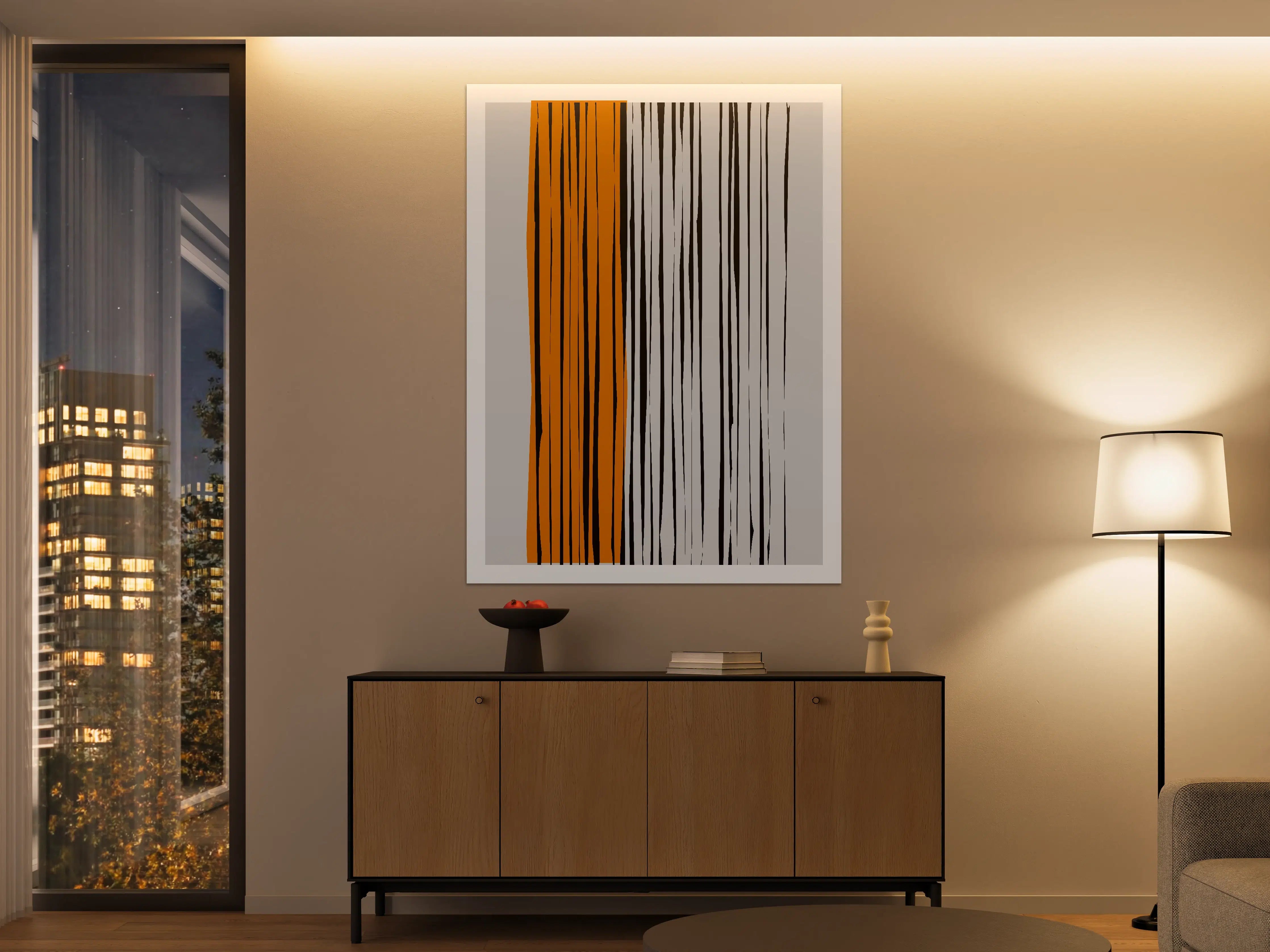 Große Wandbilder - Moderne abstrakte Streifen in Schwarz, Weiß und Orange