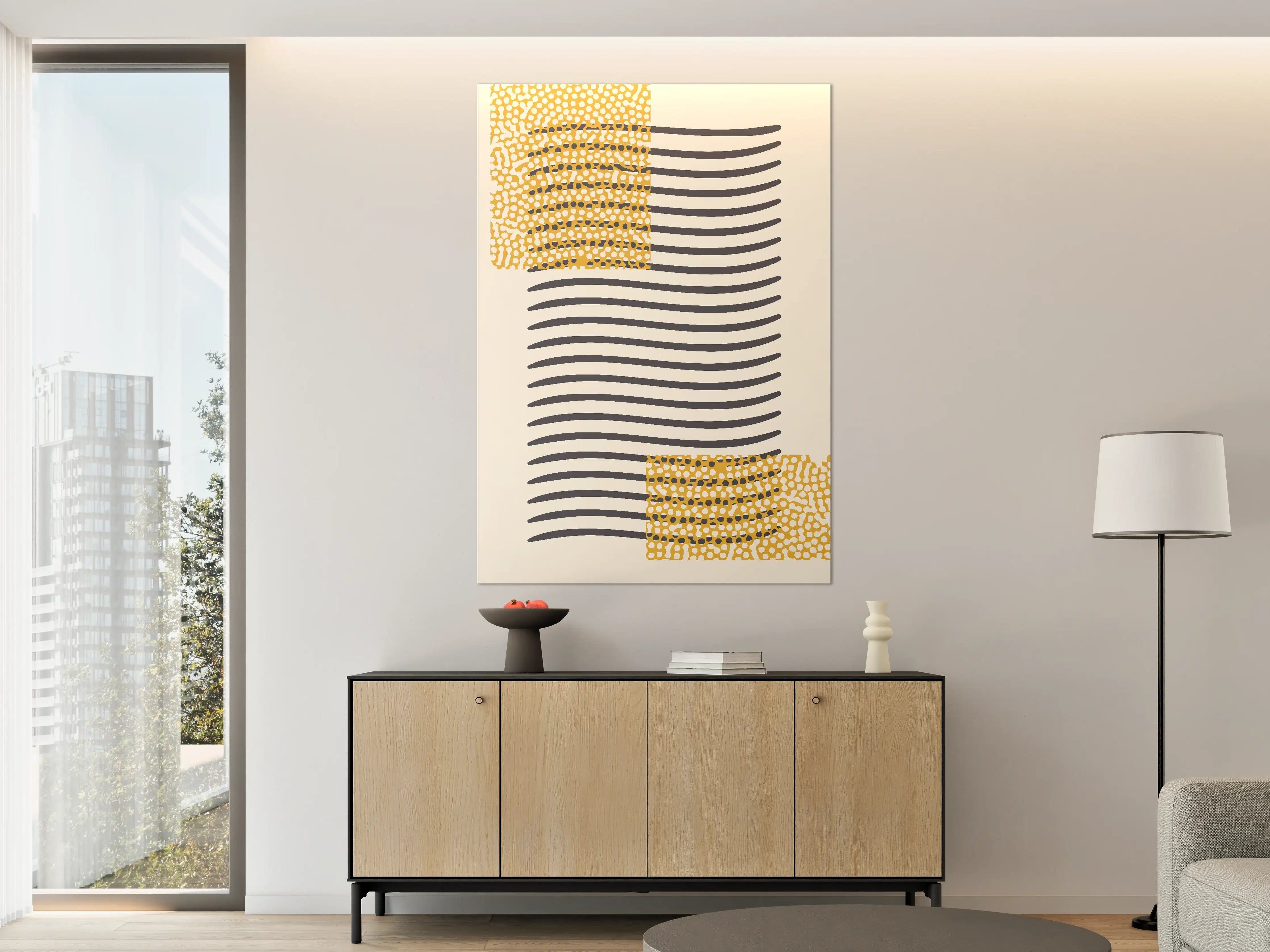 Große Wandbilder - Moderne abstrakte Wandkunst in Schwarz, Weiß und Gelb