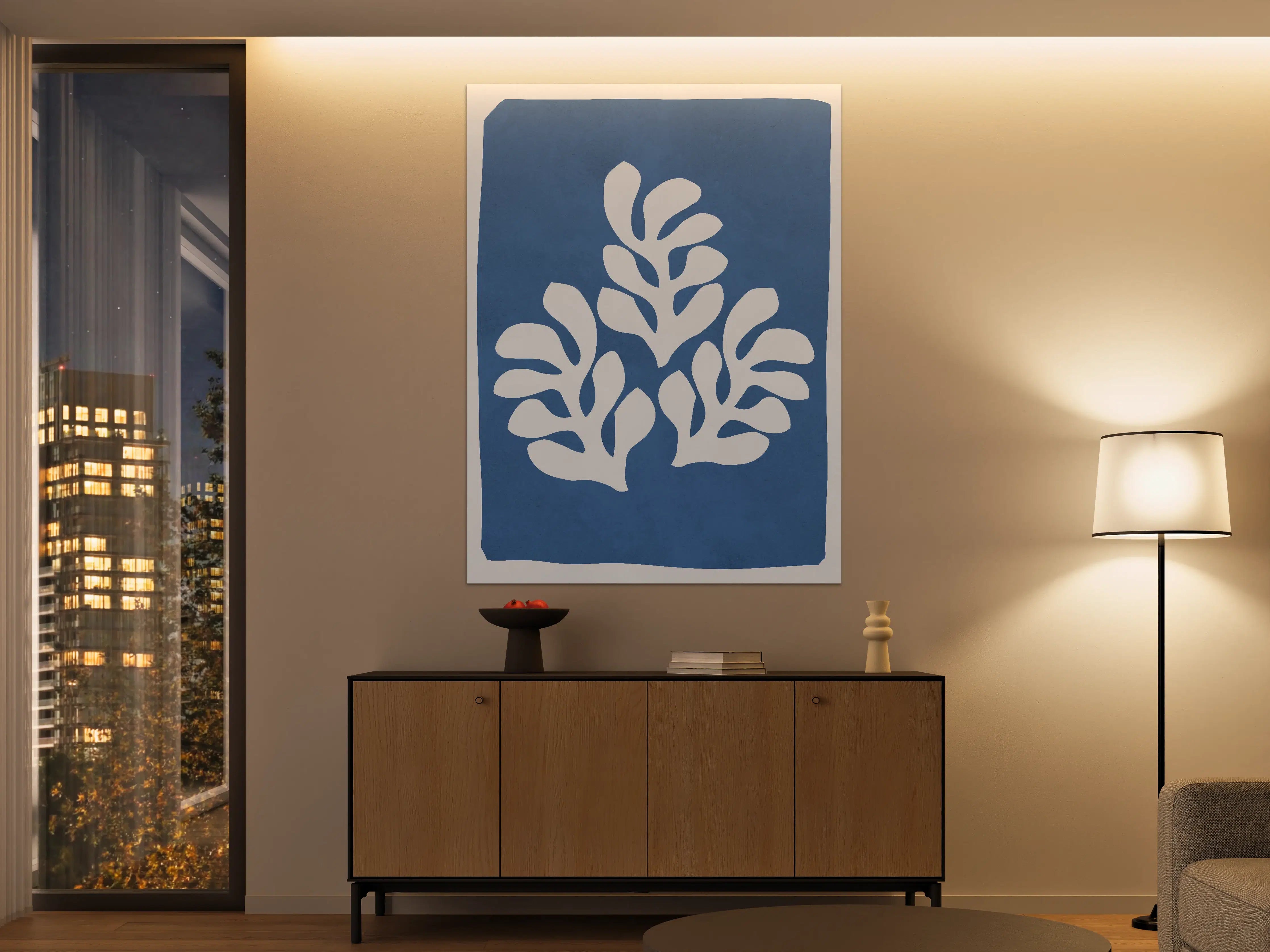 Große Wandbilder - Moderne blaue Leinwand mit abstrakter Pflanzenillustration