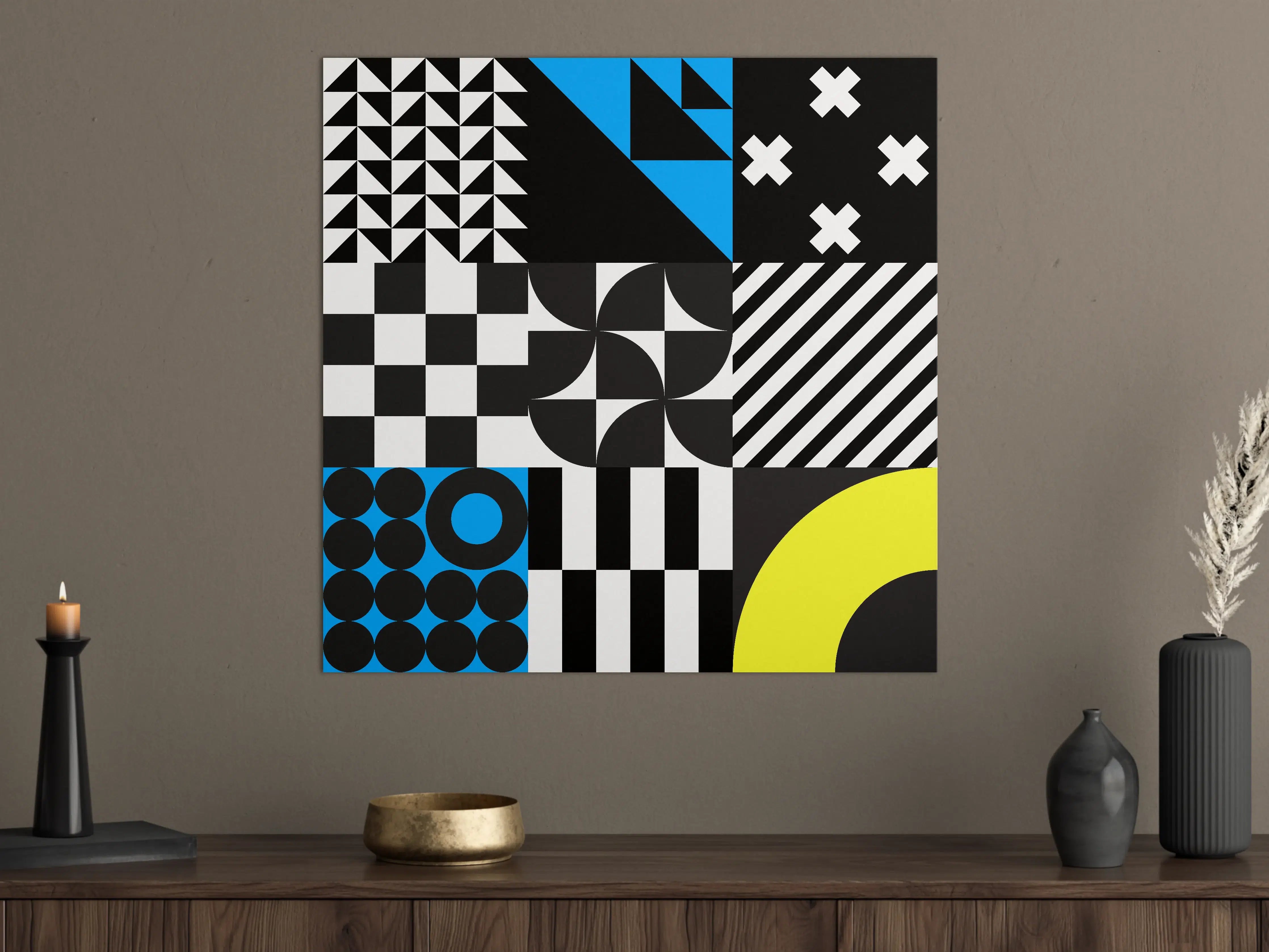 Große Wandbilder - Moderne geometrische Kunst in Schwarz, Weiß, Blau und Gelb