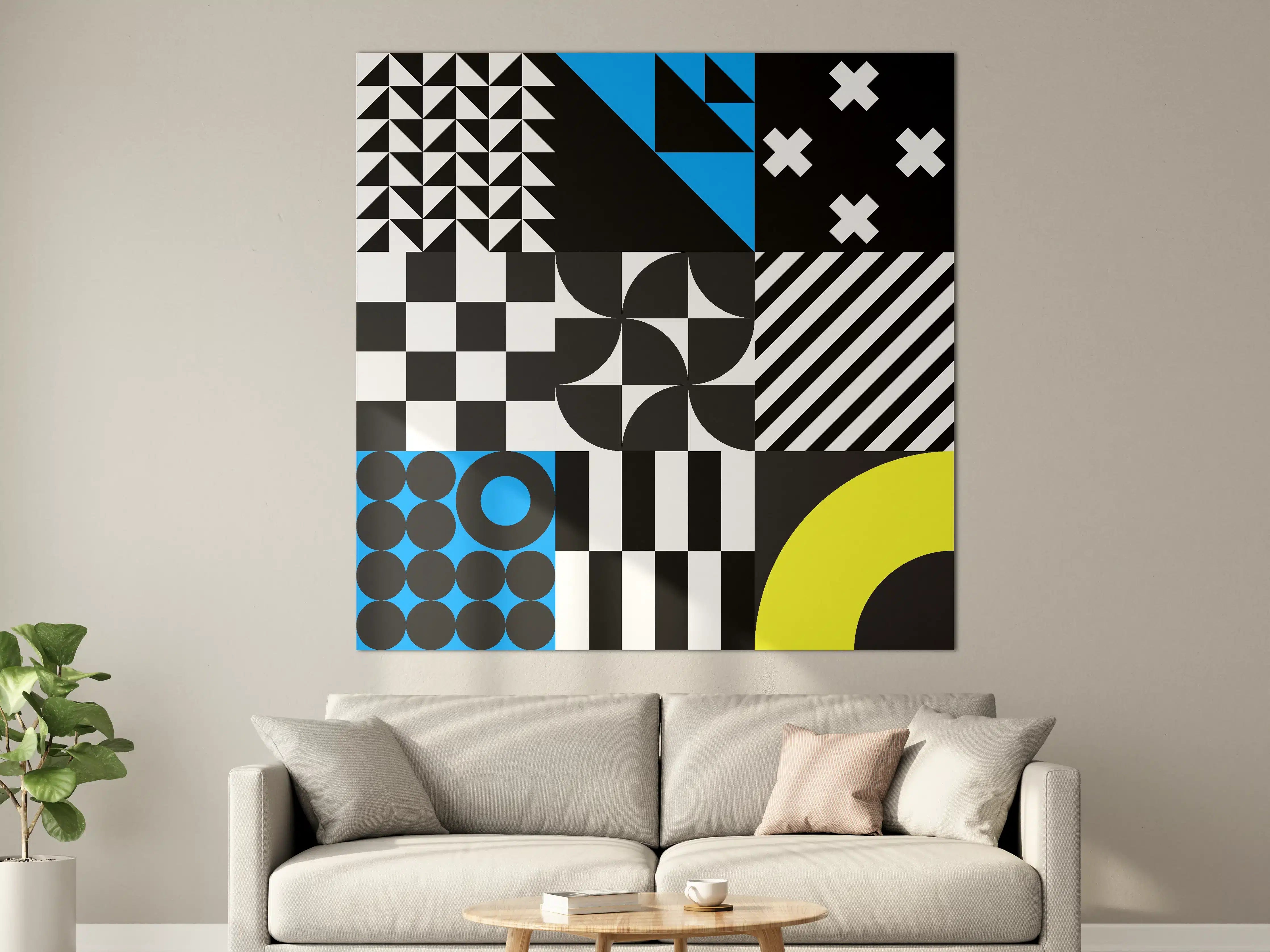 Große Wandbilder - Moderne geometrische Kunst in Schwarz, Weiß, Blau und Gelb