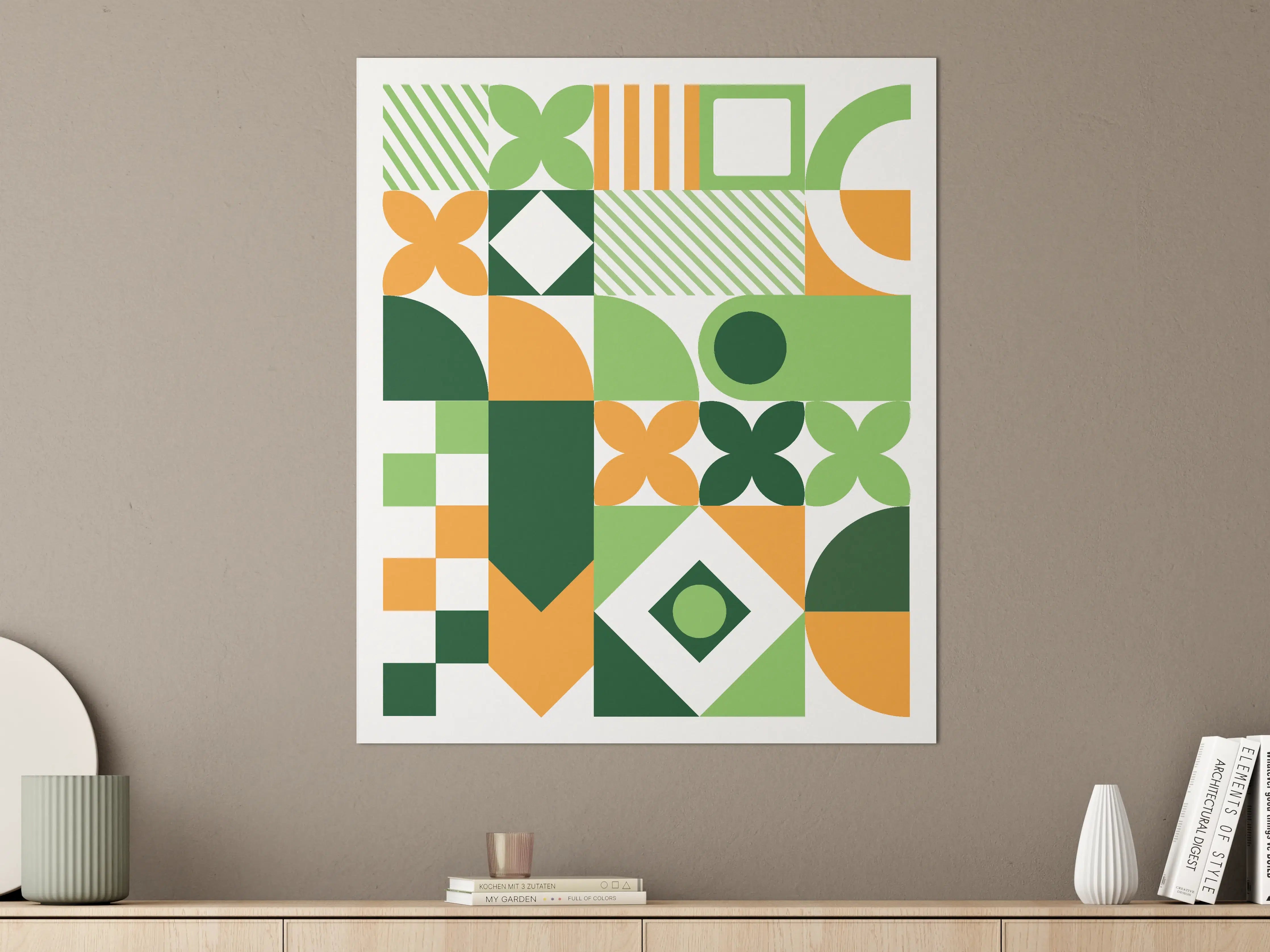 Große Wandbilder - Moderne geometrische Muster in Grün, Orange und Dunkelgrün