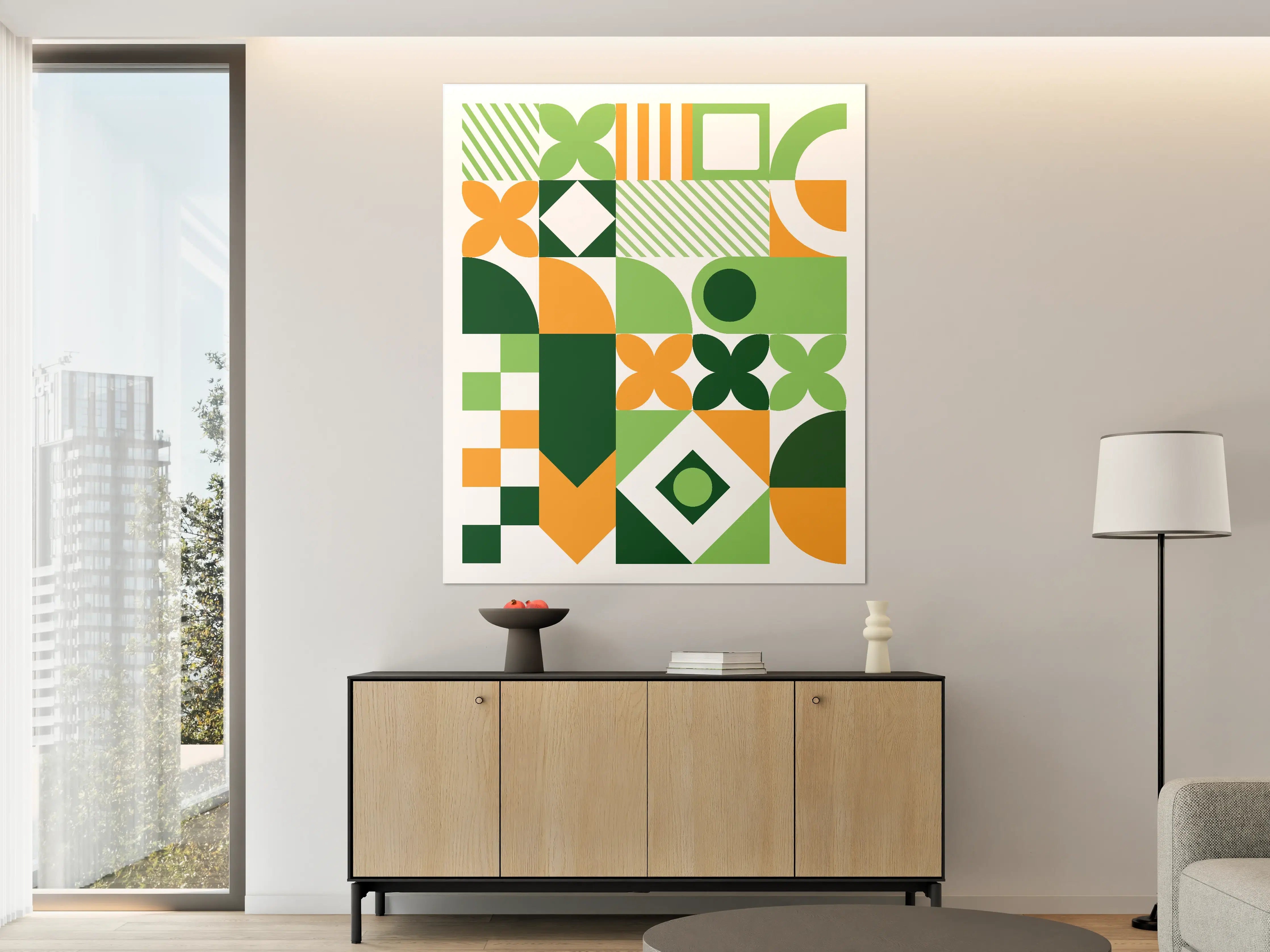 Große Wandbilder - Moderne geometrische Muster in Grün, Orange und Dunkelgrün