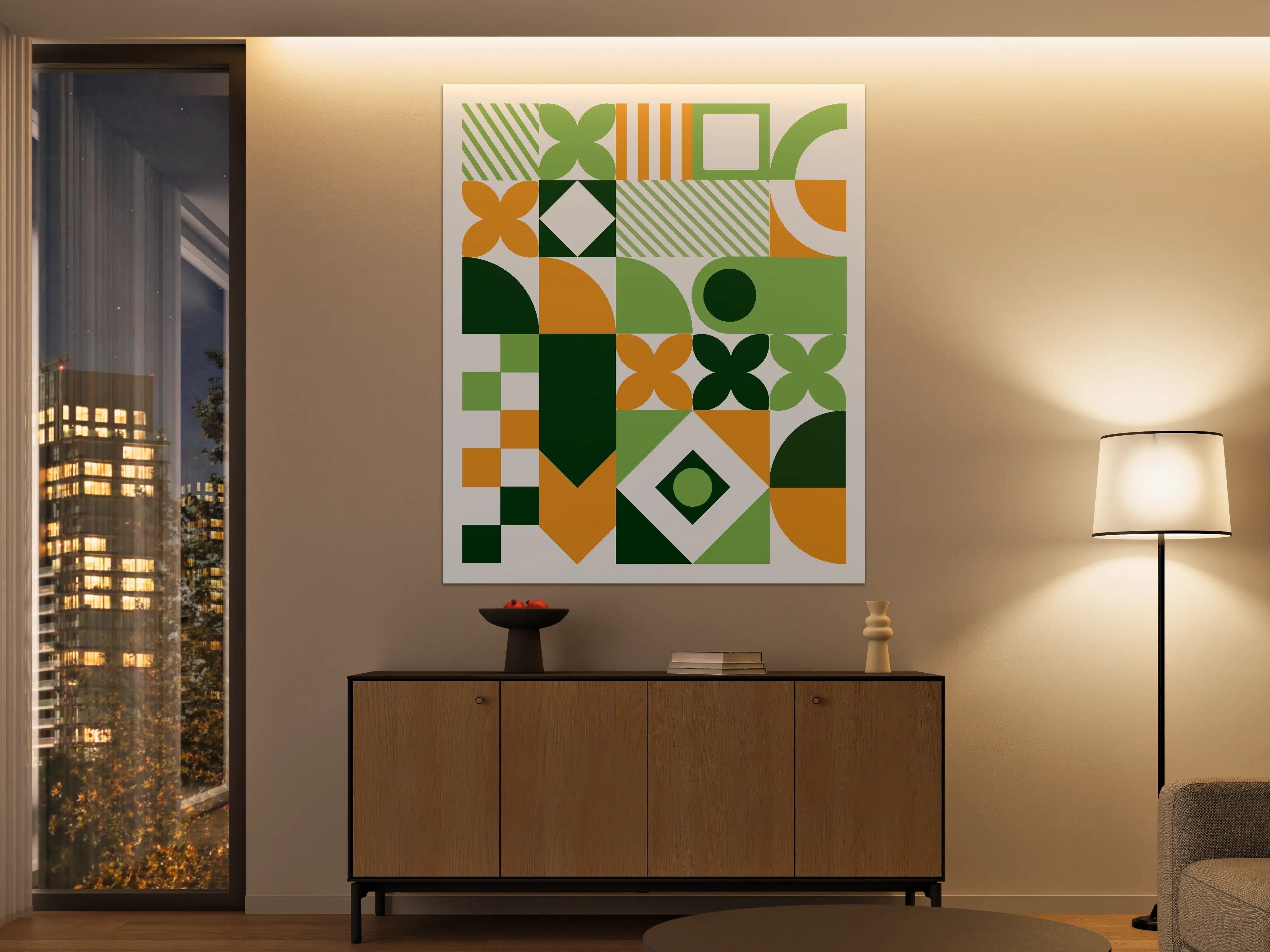 Große Wandbilder - Moderne geometrische Muster in Grün, Orange und Dunkelgrün