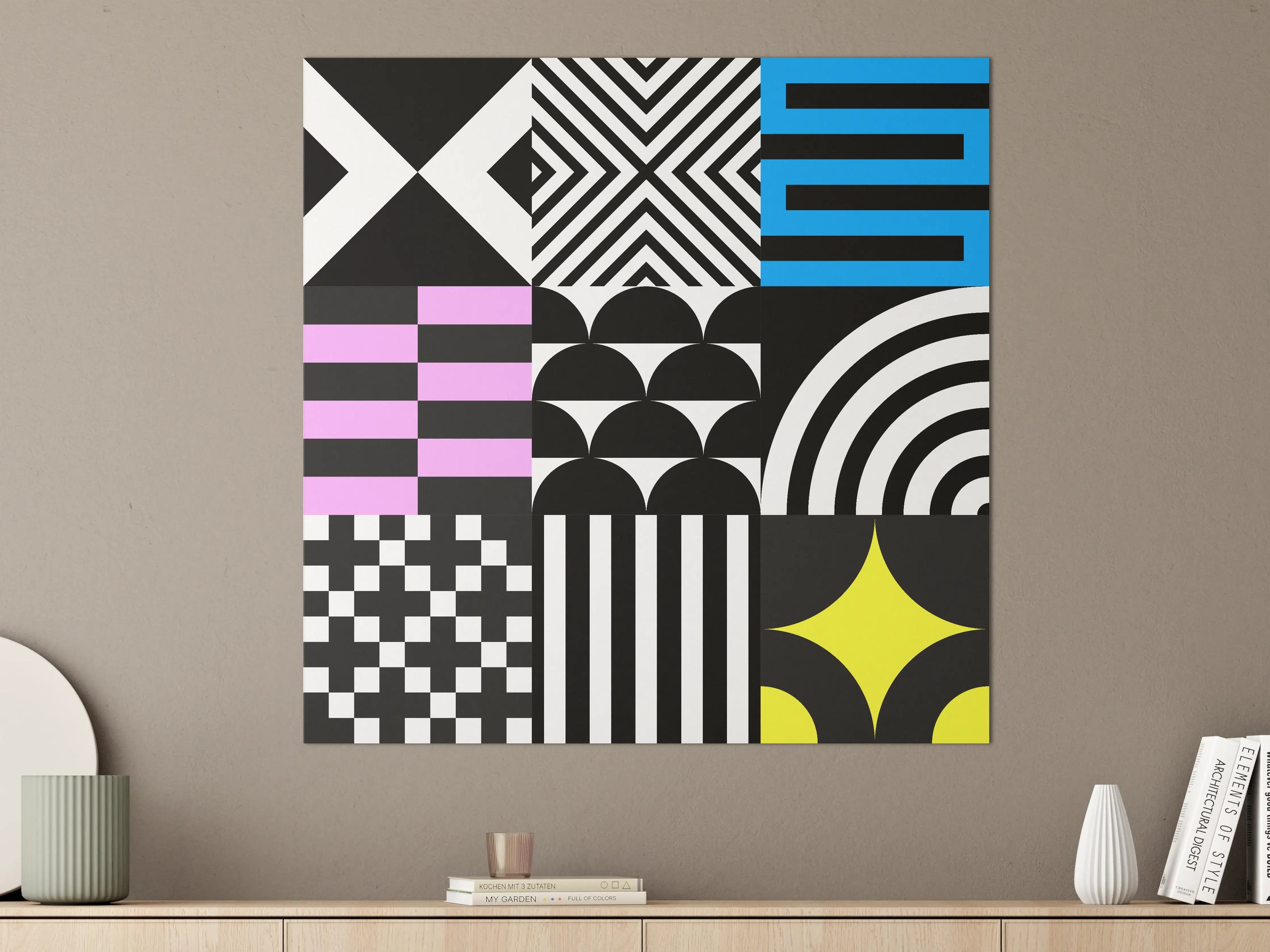 Große Wandbilder - Moderne geometrische Muster in Schwarz, Weiß und Akzenten in Blau, Gelb, Rosa
